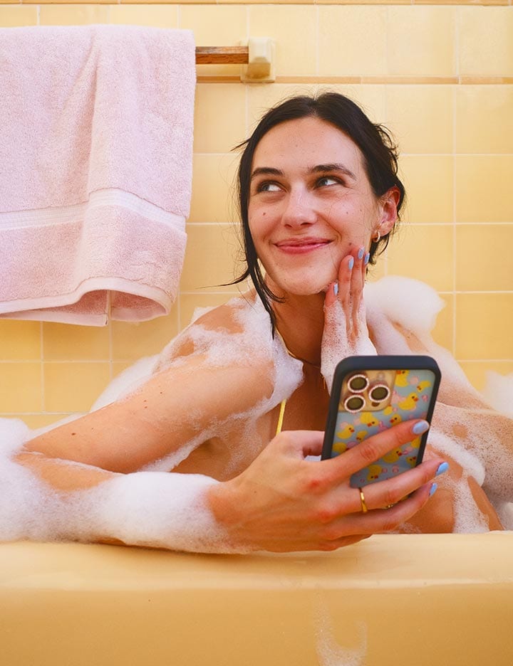 What the Duck iPhone Case in Blue and Pink Bubble Bath Design