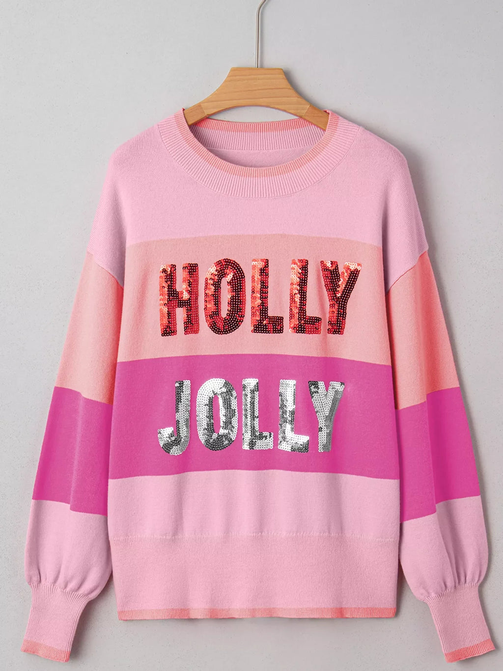 Sequined HOLLY JOLLY Color Block Crew Neck Sweater
