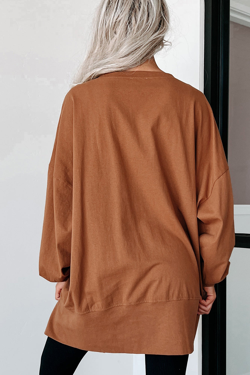 Chestnut Sequin Happy Halloween Graphic Notched Neck Loose Top