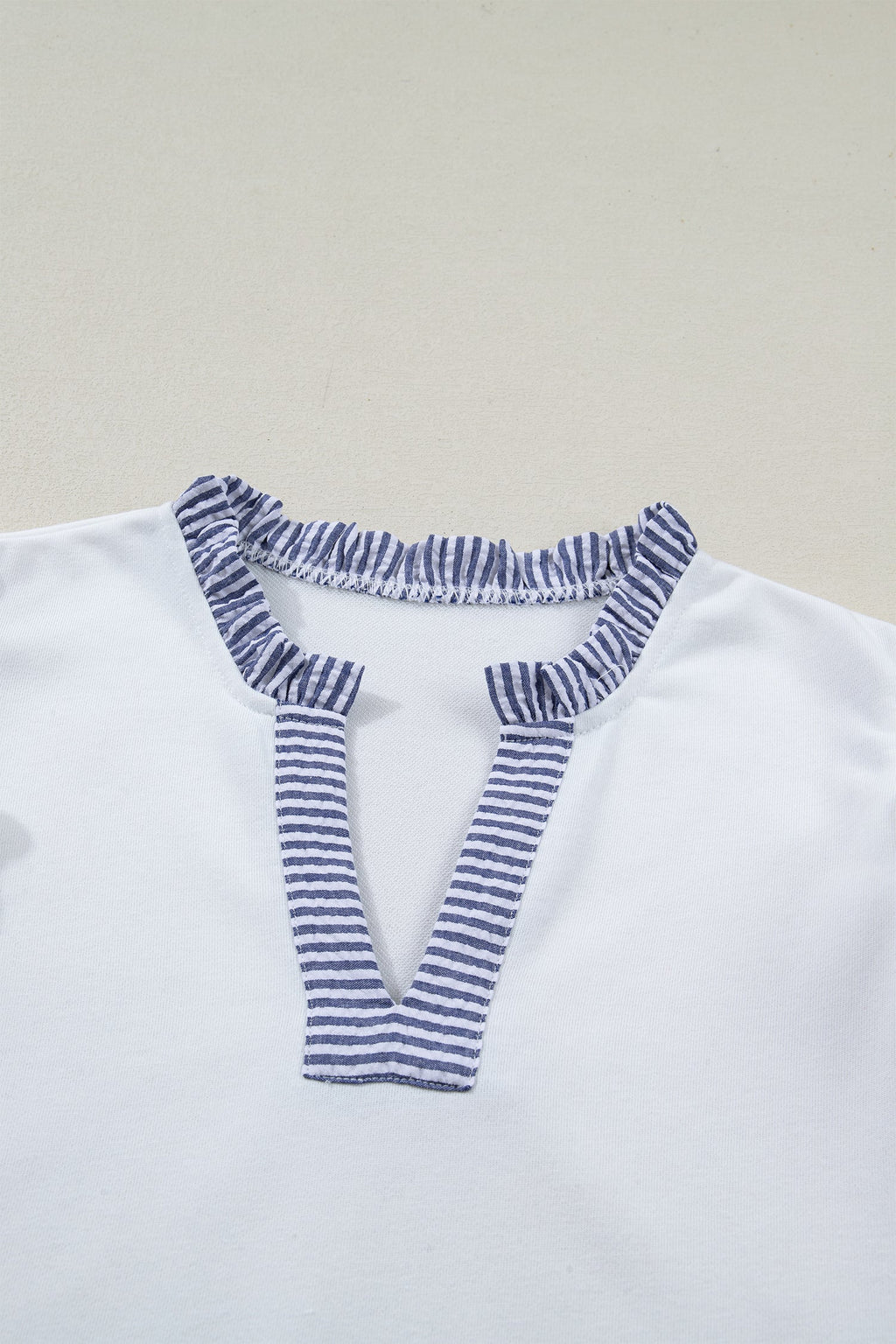 Aleena Ruffle Trim Sleeveless Stripe Mini Dress in White and Blue