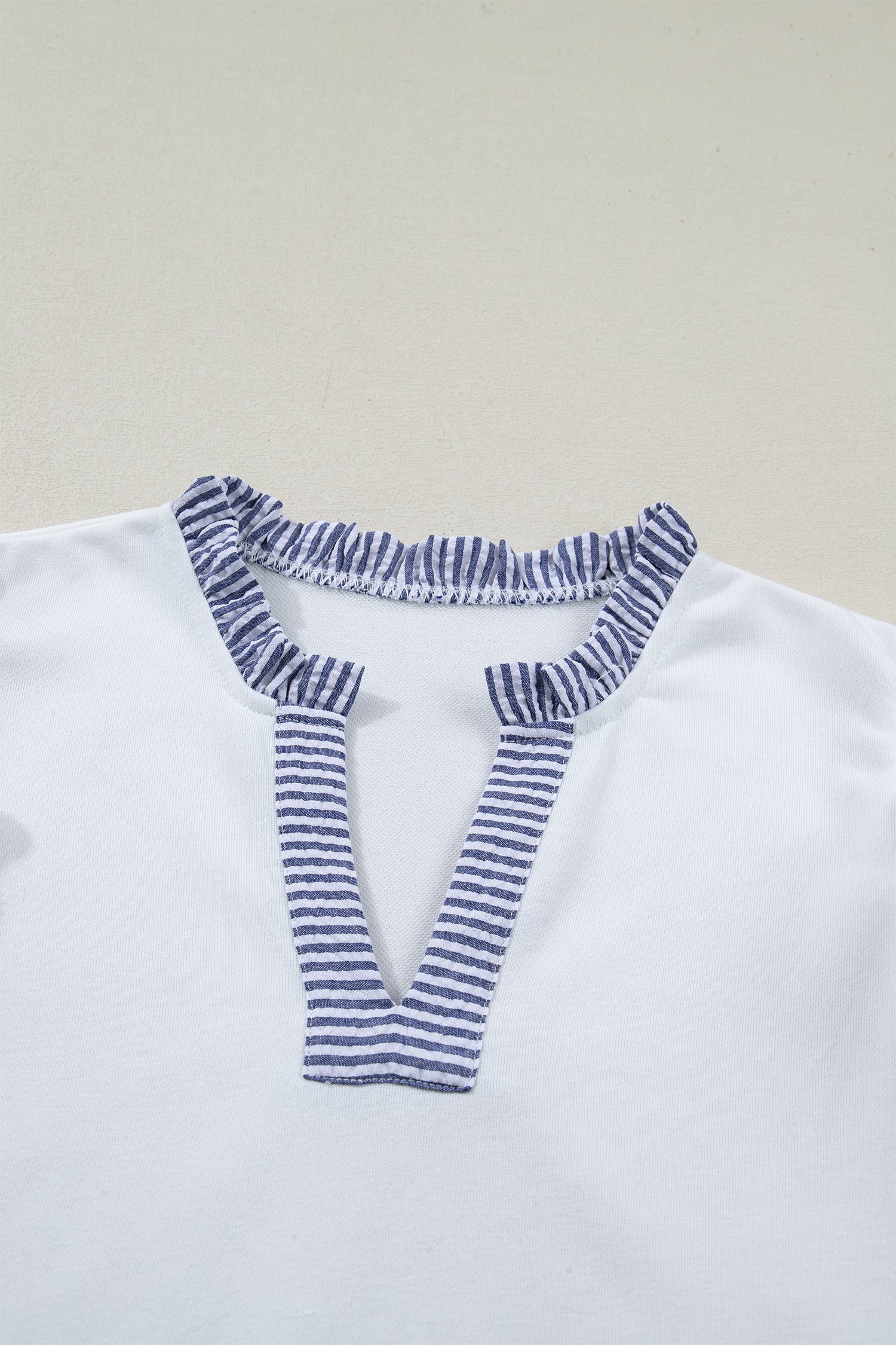 Aleena Ruffle Trim Sleeveless Stripe Mini Dress in White and Blue