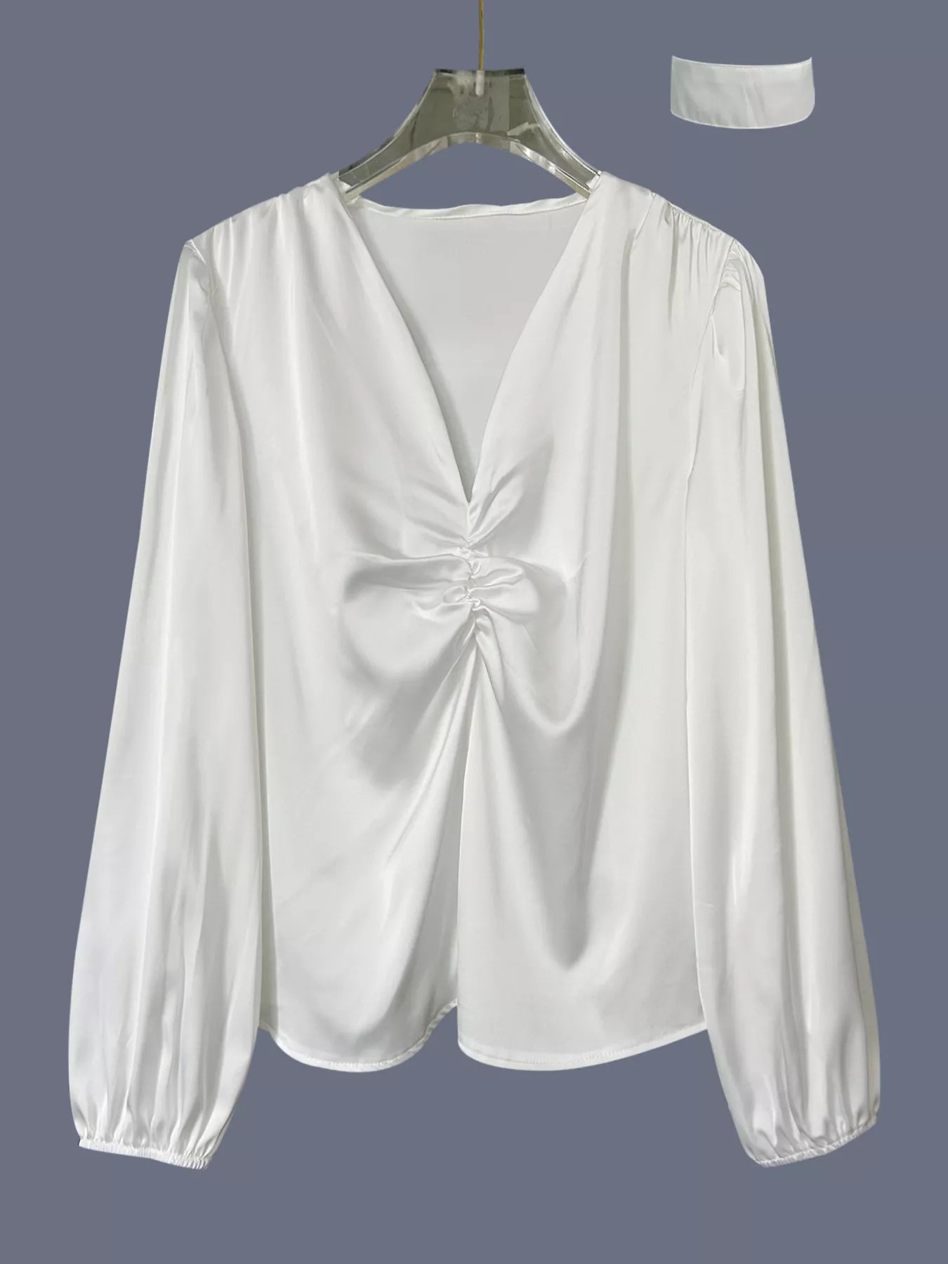 White V-Neck Ruched Long Sleeve Blouse Elegant Satin Style Top - Image 5