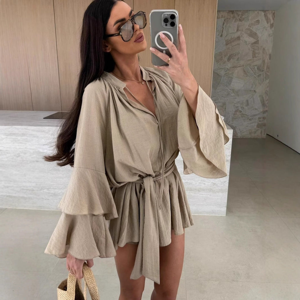Women's V-Neck Lace-Up Irregular Hem Loose Dress