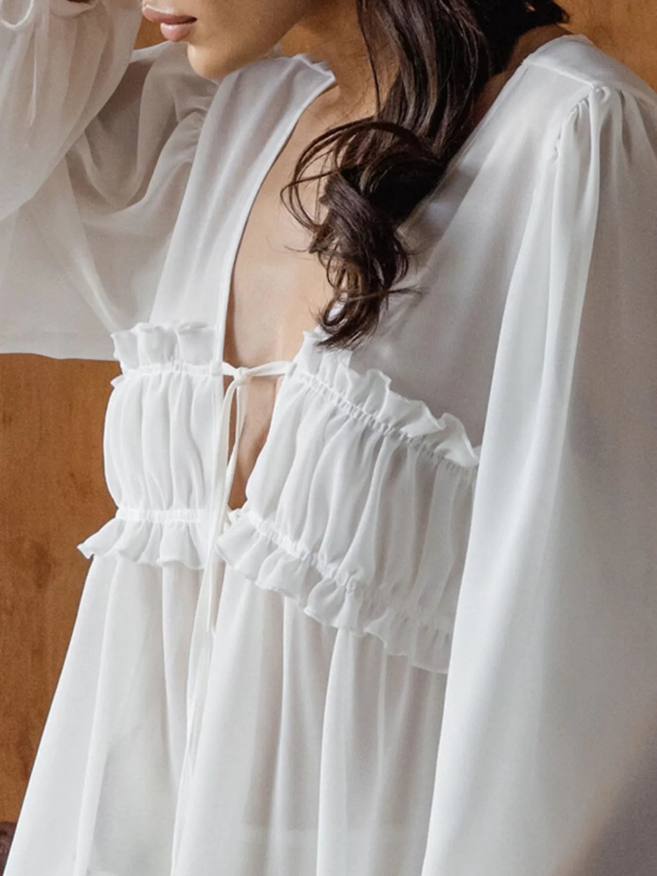White Ruffled Tie Front Long Sleeve Sheer Blouse - Image 5