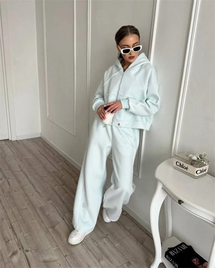 Women’s Solid Color Hooded Zip Up Jacket and Jogger Set - Image 10