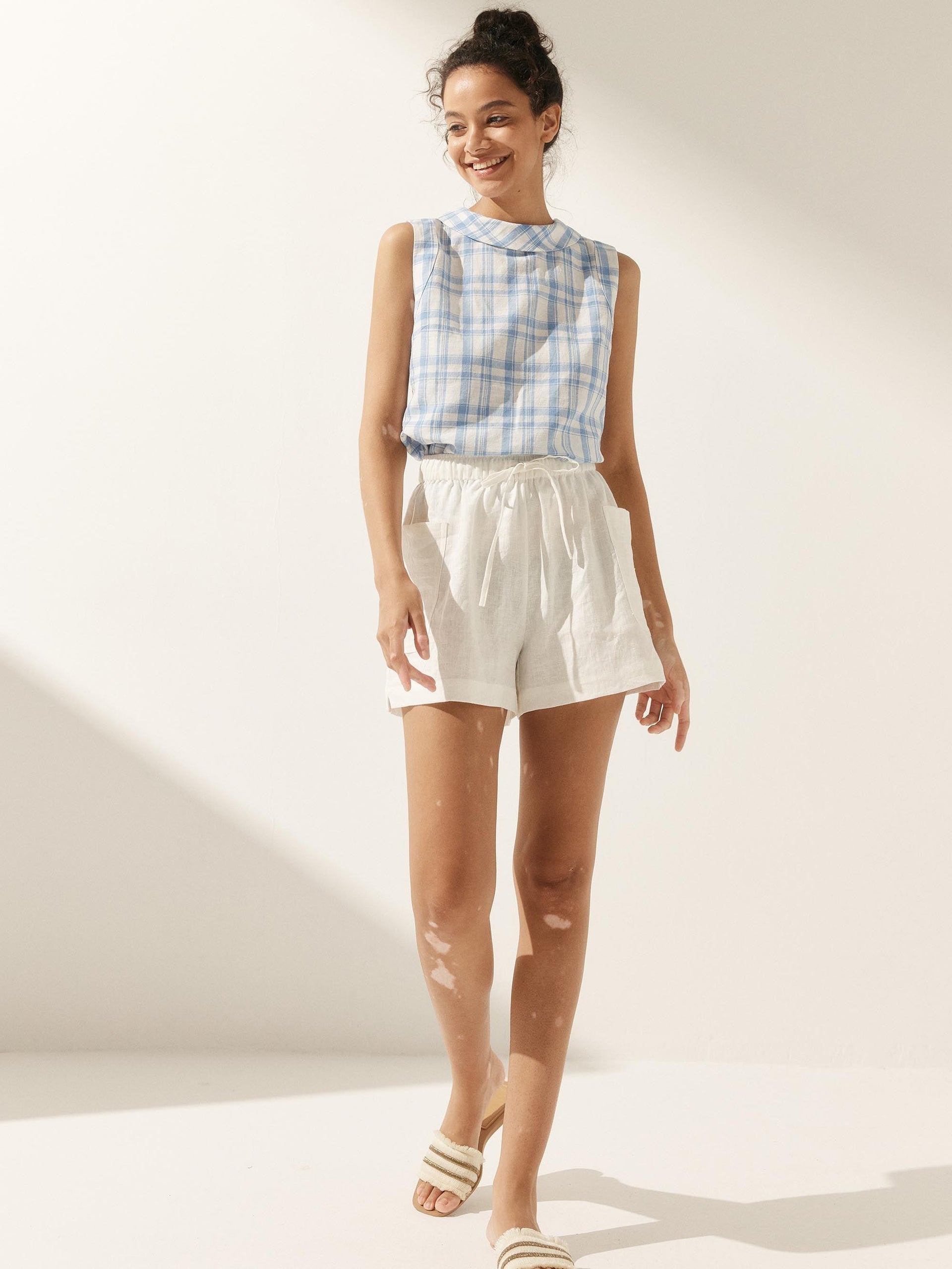 100% Linen Draped Collar Tank Top JACQUELINE