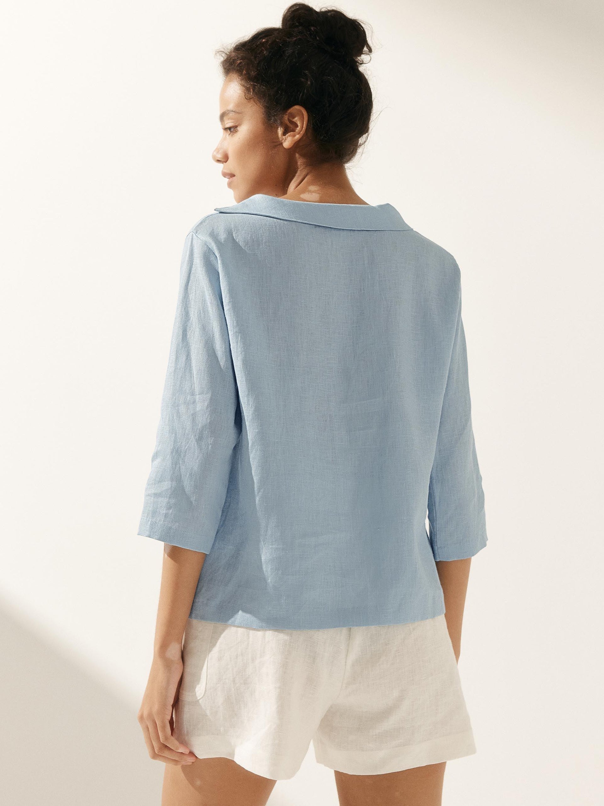 Linen Gingham Checked Round Soft-Fold Collar Top LAURA