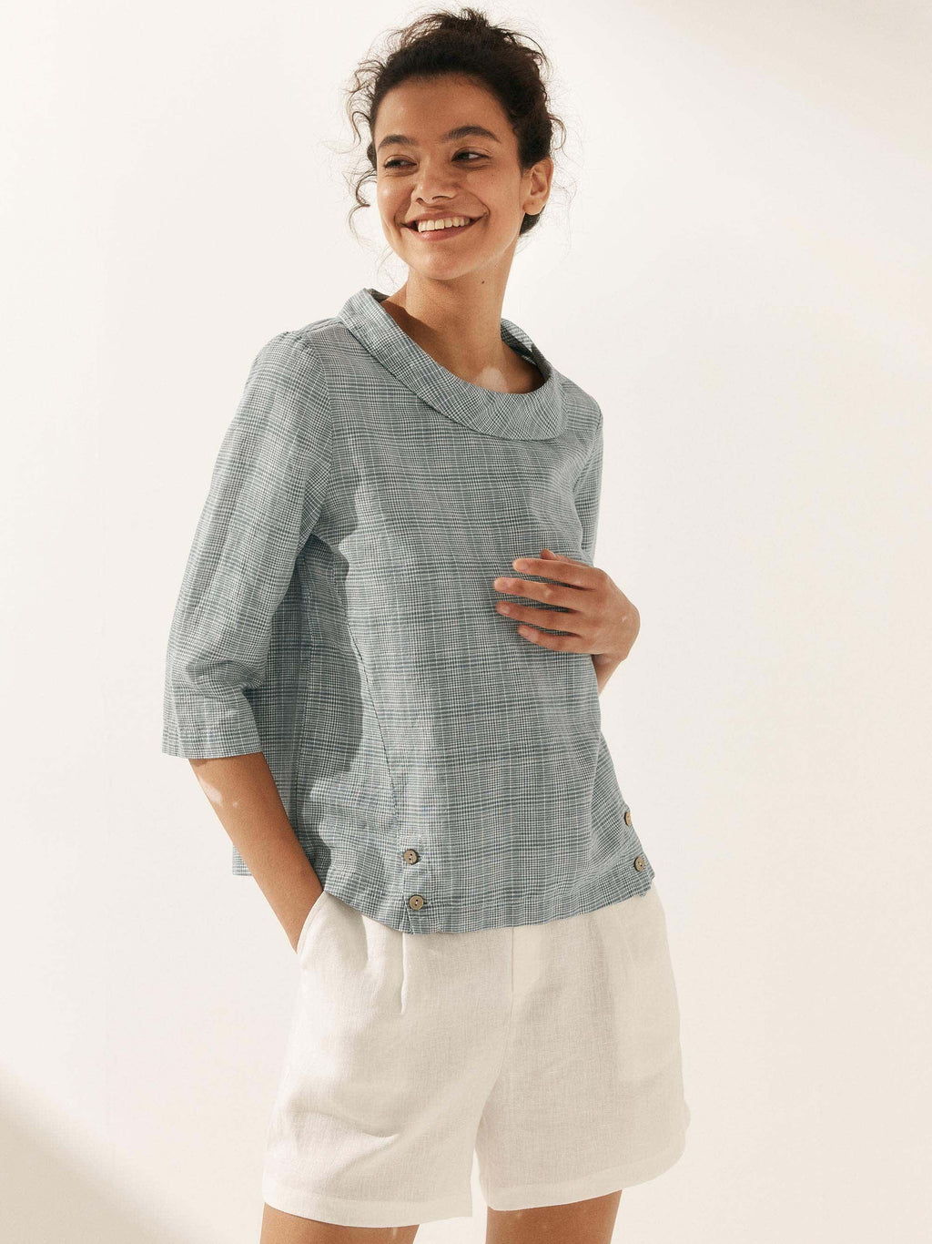 Linen Gingham Checked Round Soft-Fold Collar Top LAURA