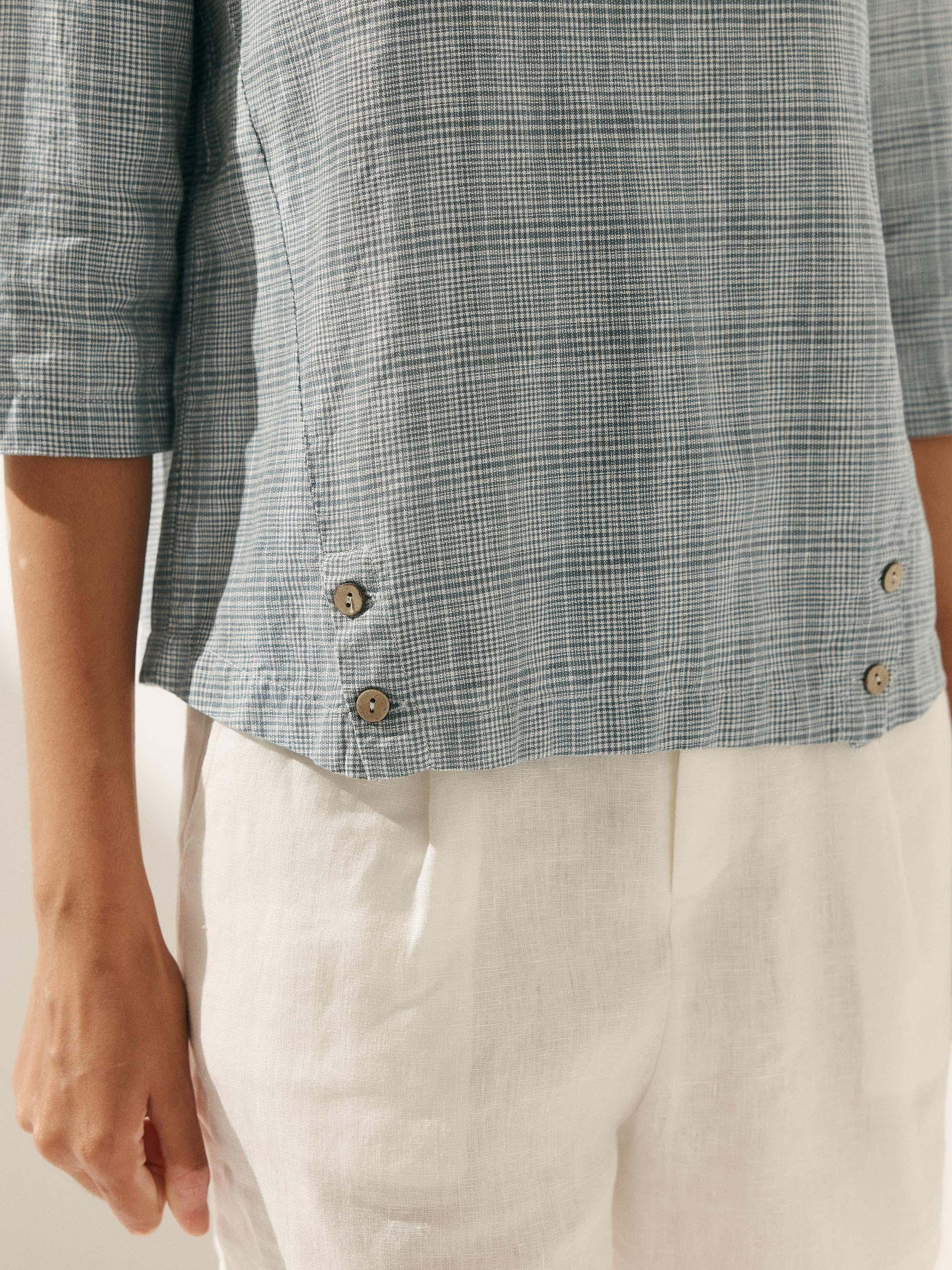 Linen Gingham Checked Round Soft-Fold Collar Top LAURA