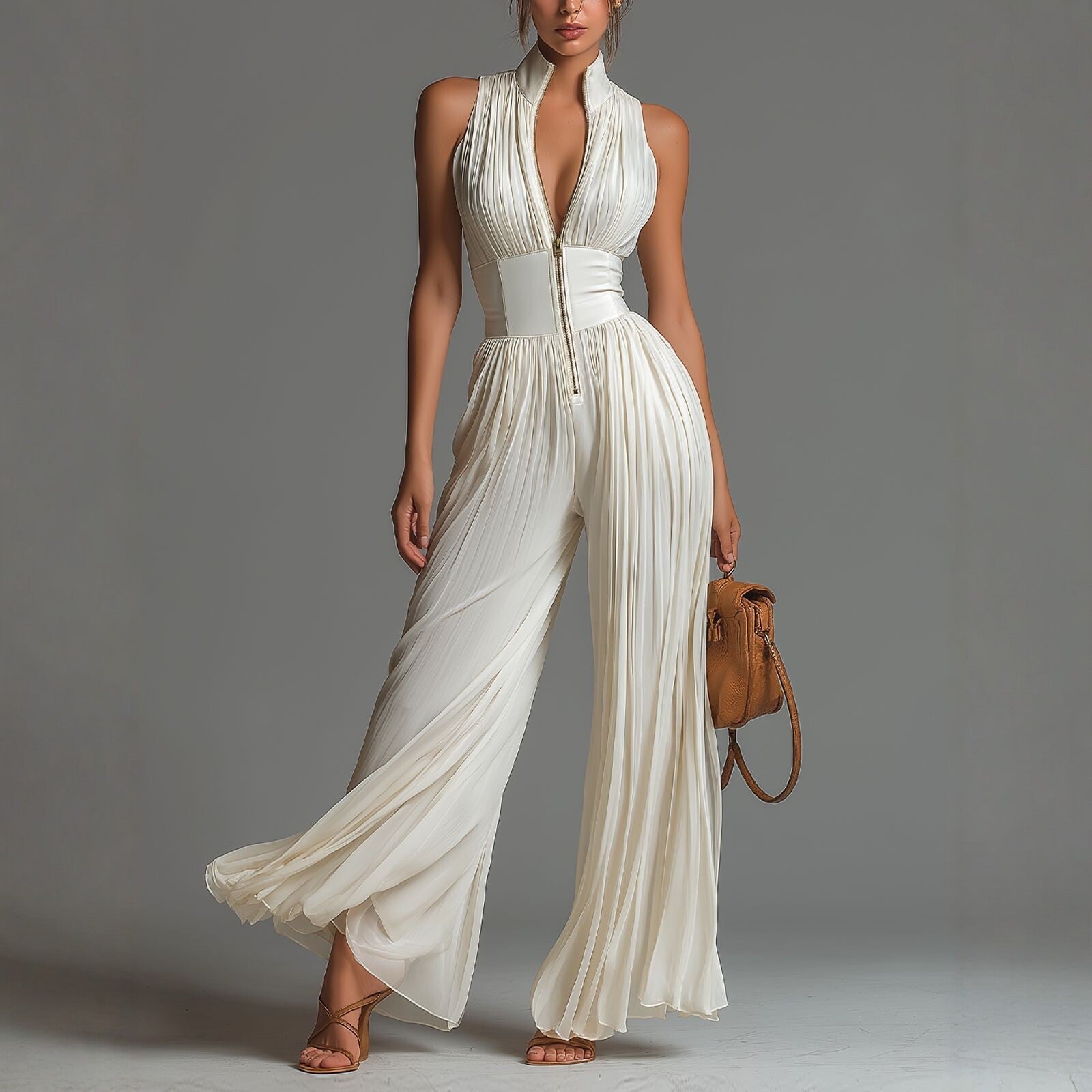 Pleated Wide-Leg Sleeveless Jumpsuit for Women