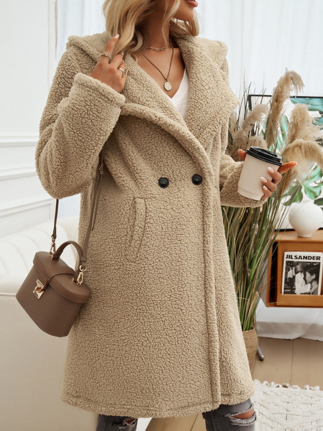 Women's Long Sleeve Hooded Teddy Coat with Button Closure - Image 6