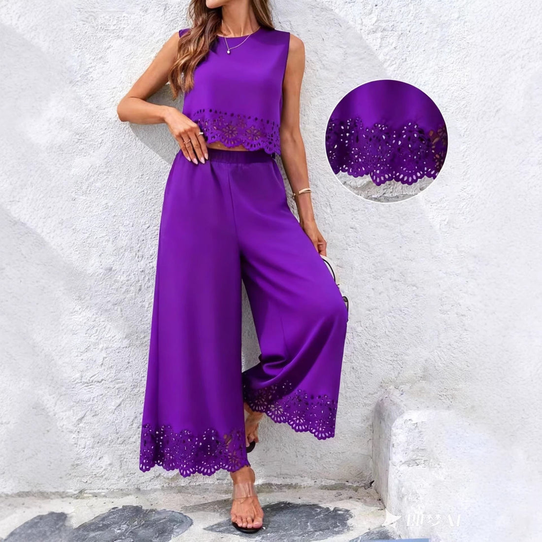Women's 2-Piece Hollow-Out Tank Top and Wide-Leg Pants Set