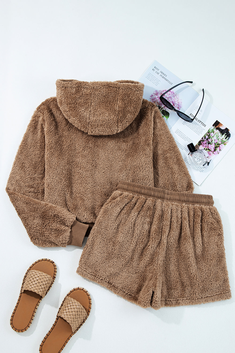 Women's Chocolate Brown Sherpa Zip-Up Hoodie and Shorts Set
