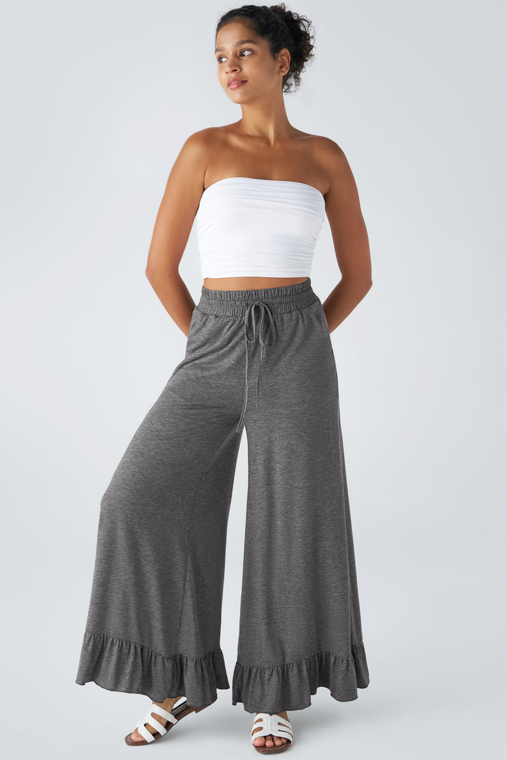 Women’s Wide Leg Knit Pants with Ruffle Hem - Relaxed Bohemian Style