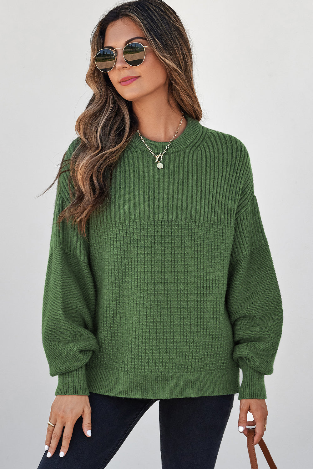Vineyard Green Mixed Texture Knitted Crew Neck Sweater