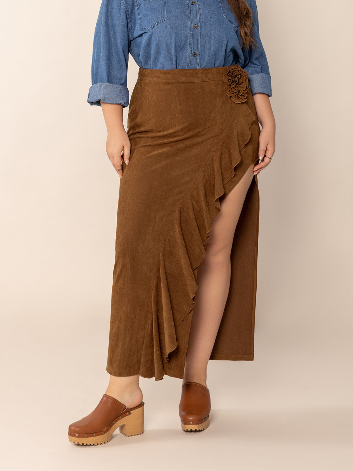 Ruffled Slit High Rise A-Line Skirt in Brown | Floor Length