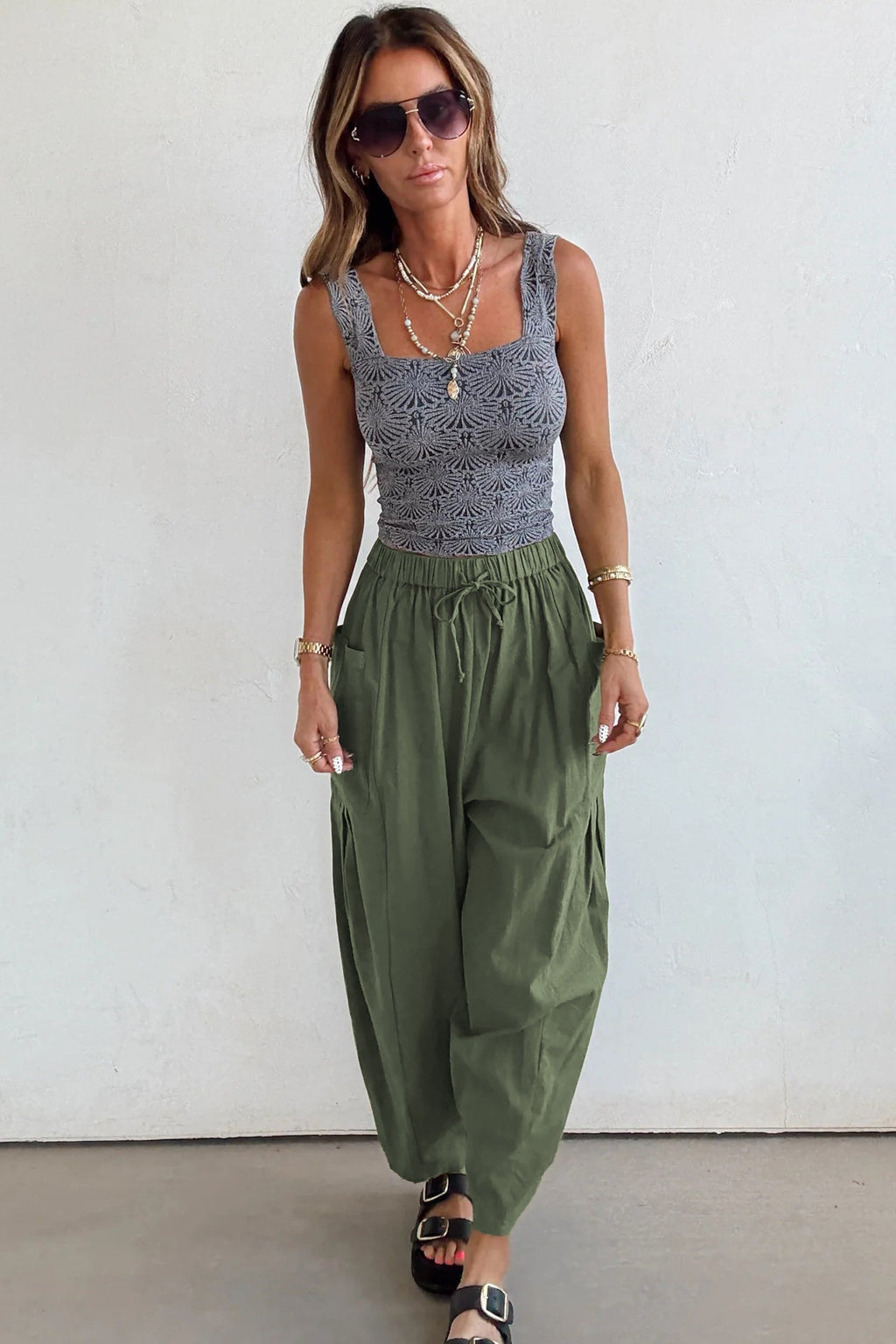 Jungle Green Drawstring Barrel Leg Casual Pants
