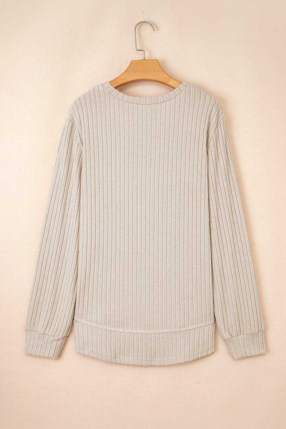 Women's Ribbed Knit Round Neck Top in Beige and White