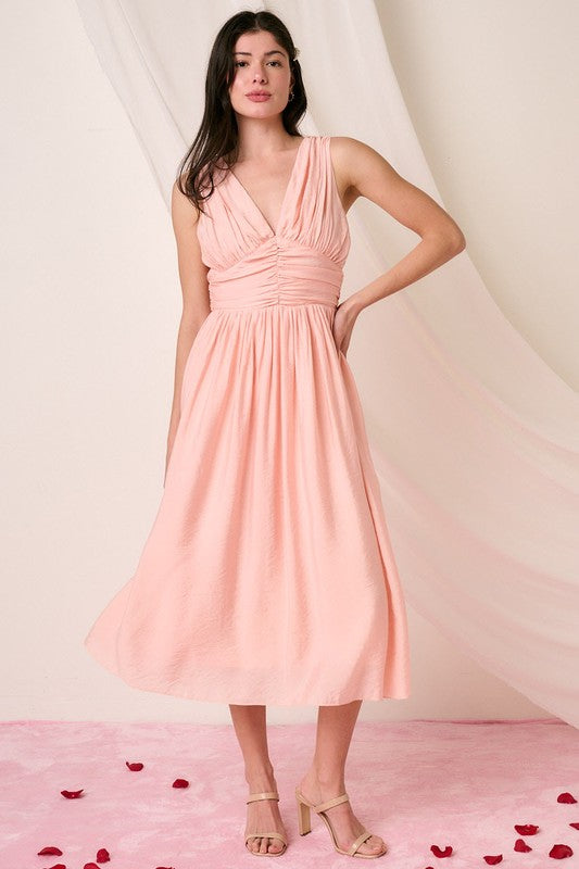Ruched V-Neck Sleeveless Midi Dress for Women