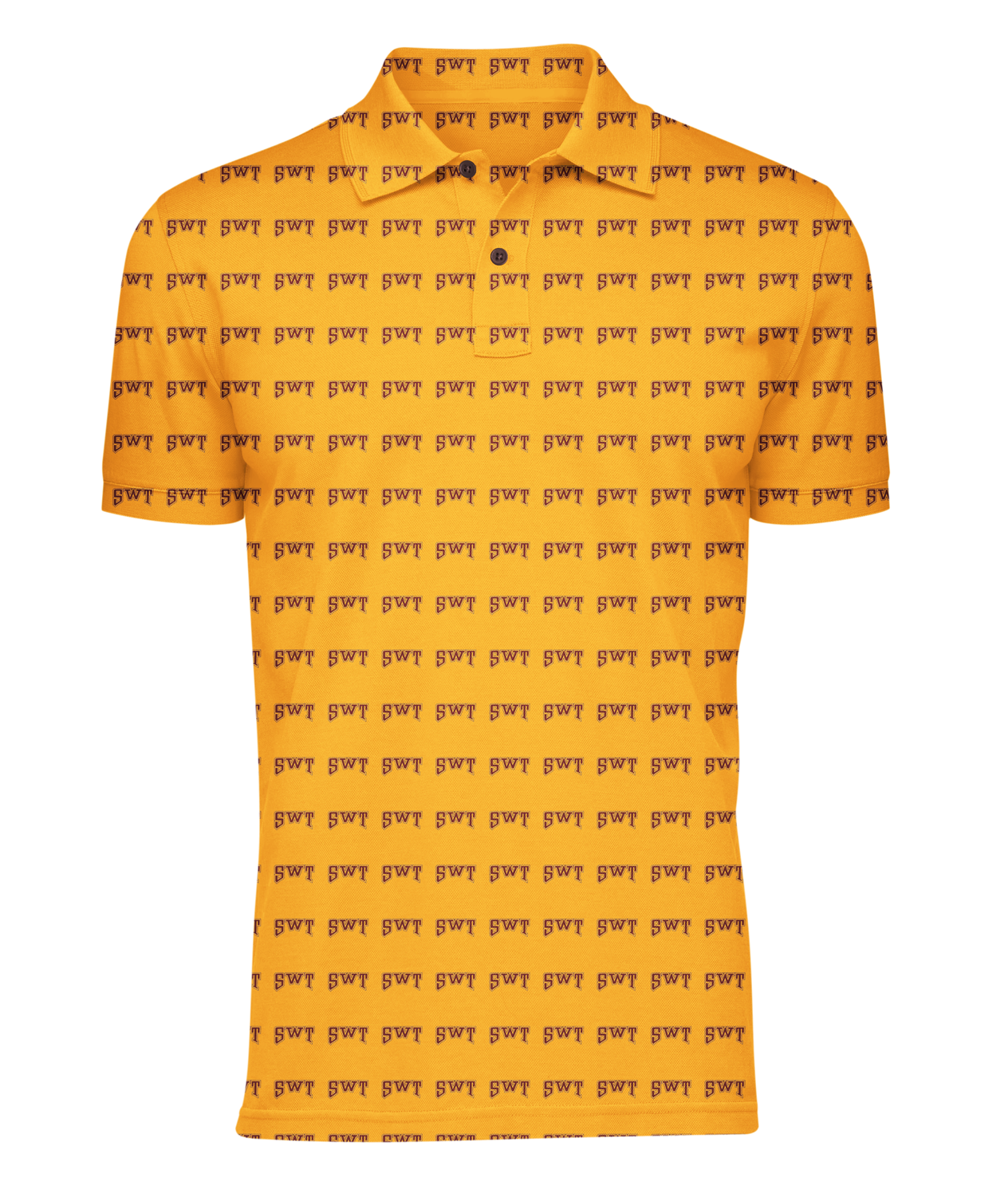 Kids golden yellow polo shirt with black SWT typography detail and a button-up collar.
