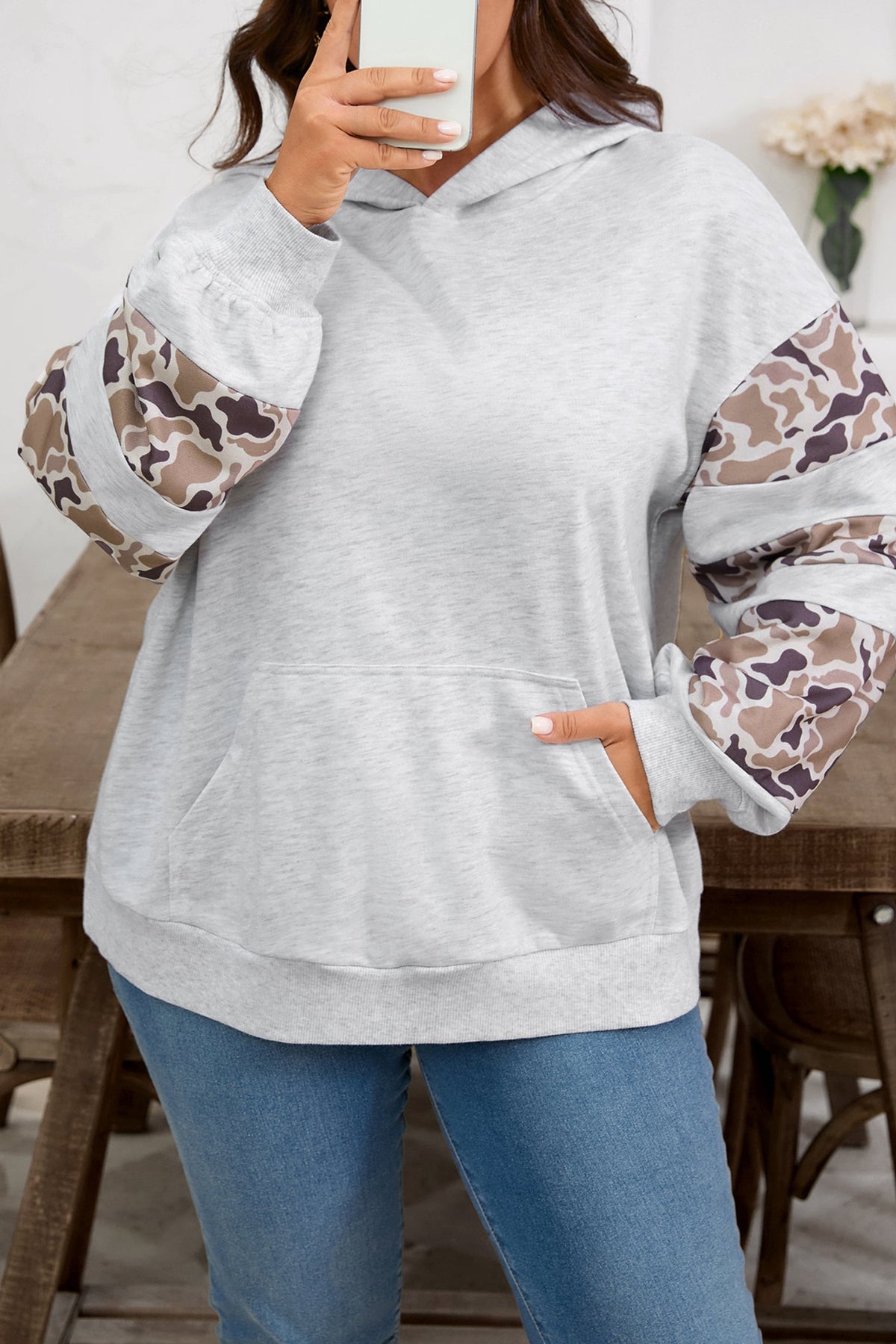 Plus Size Camo Patchwork Asymmetric Sleeve Hoodie