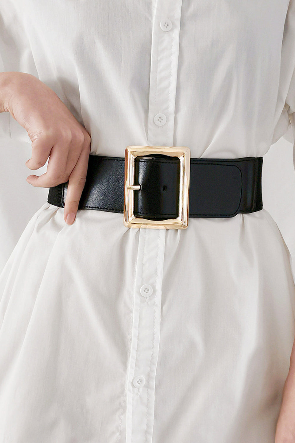 Rectangle Buckle Elastic Wide Belt | PU & Alloy