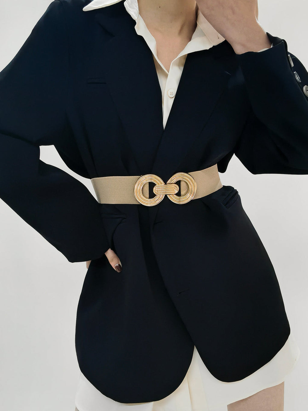 Geometric Buckle Elastic Wide Belt | Brown & Gold