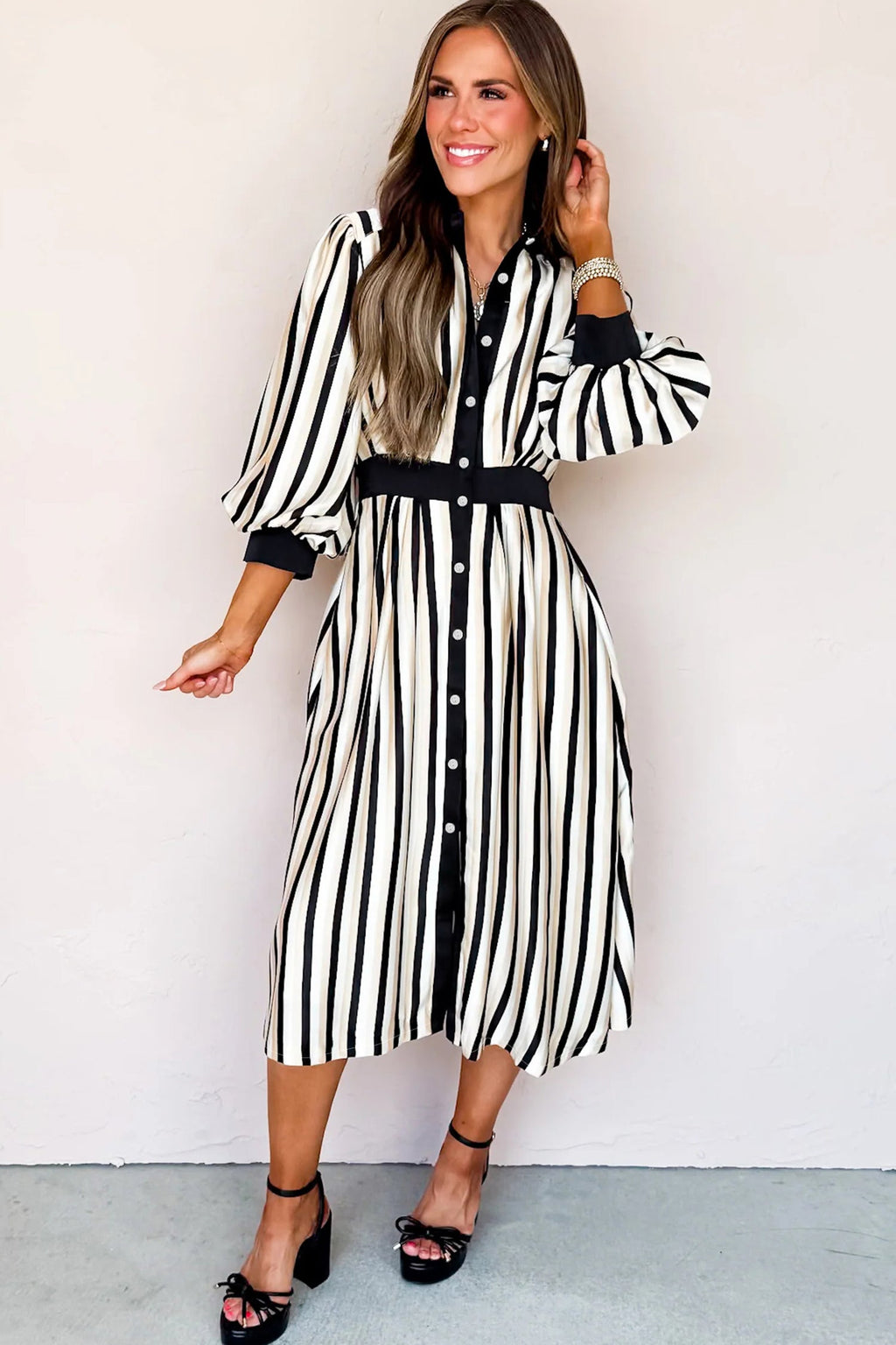 Black Stripe 3/4 Puff Sleeve Button Down Midi Dress