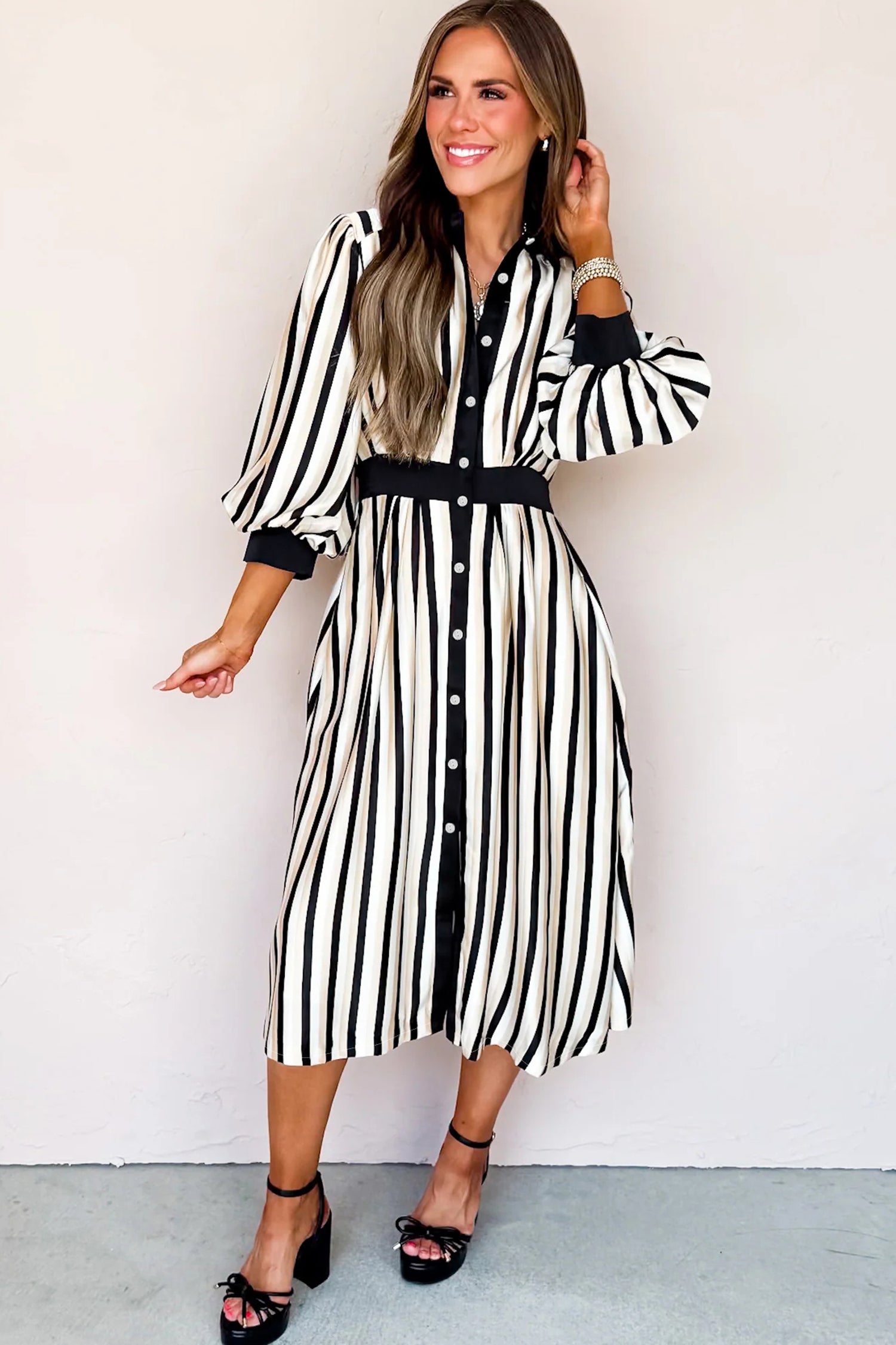 Black Stripe 3/4 Puff Sleeve Button Down Midi Dress