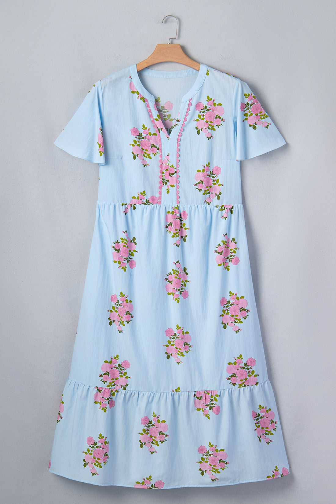Floral Scalloped Trim V-Neck Maxi Dress in Light Blue and Pink
