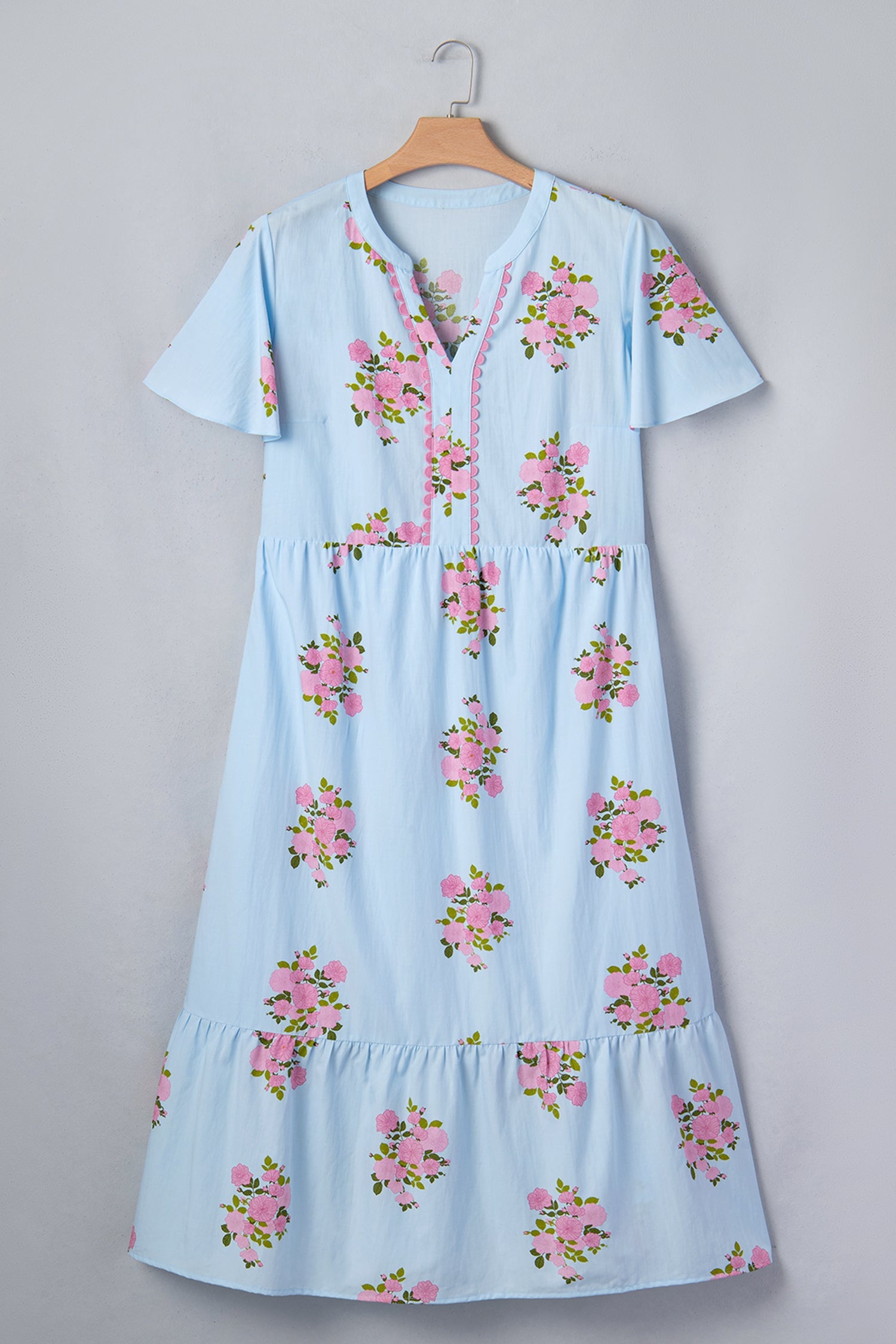 Floral Scalloped Trim V-Neck Maxi Dress in Light Blue and Pink