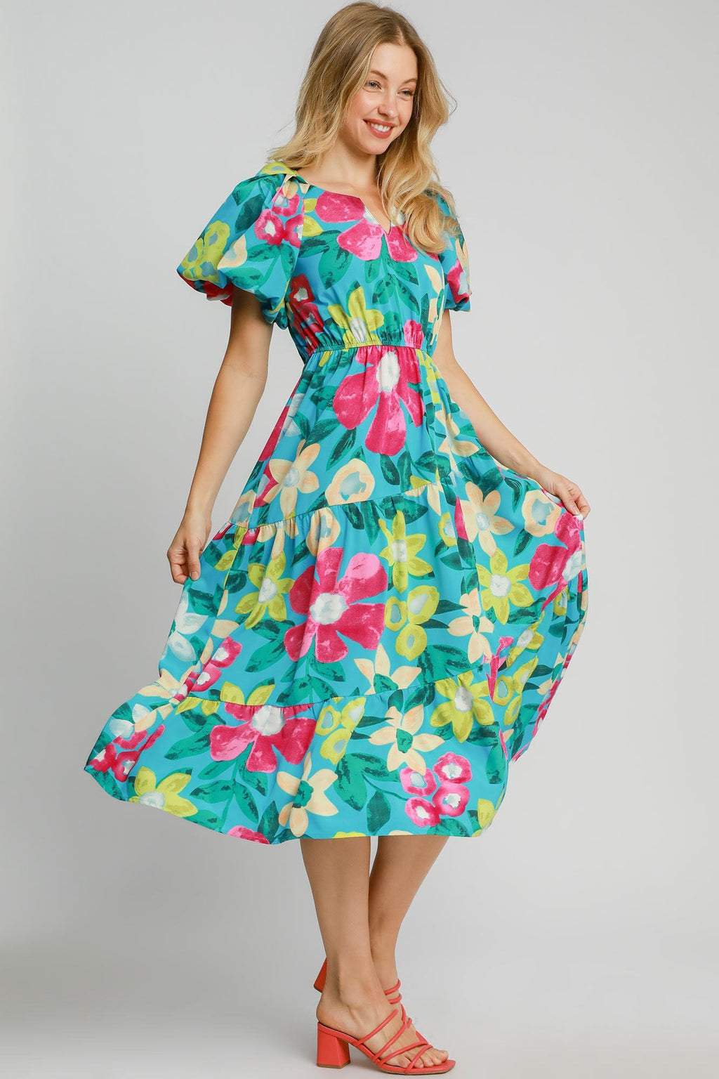 Floral Print Puff Sleeve Midi Dress with Tiered Flowy Hem
