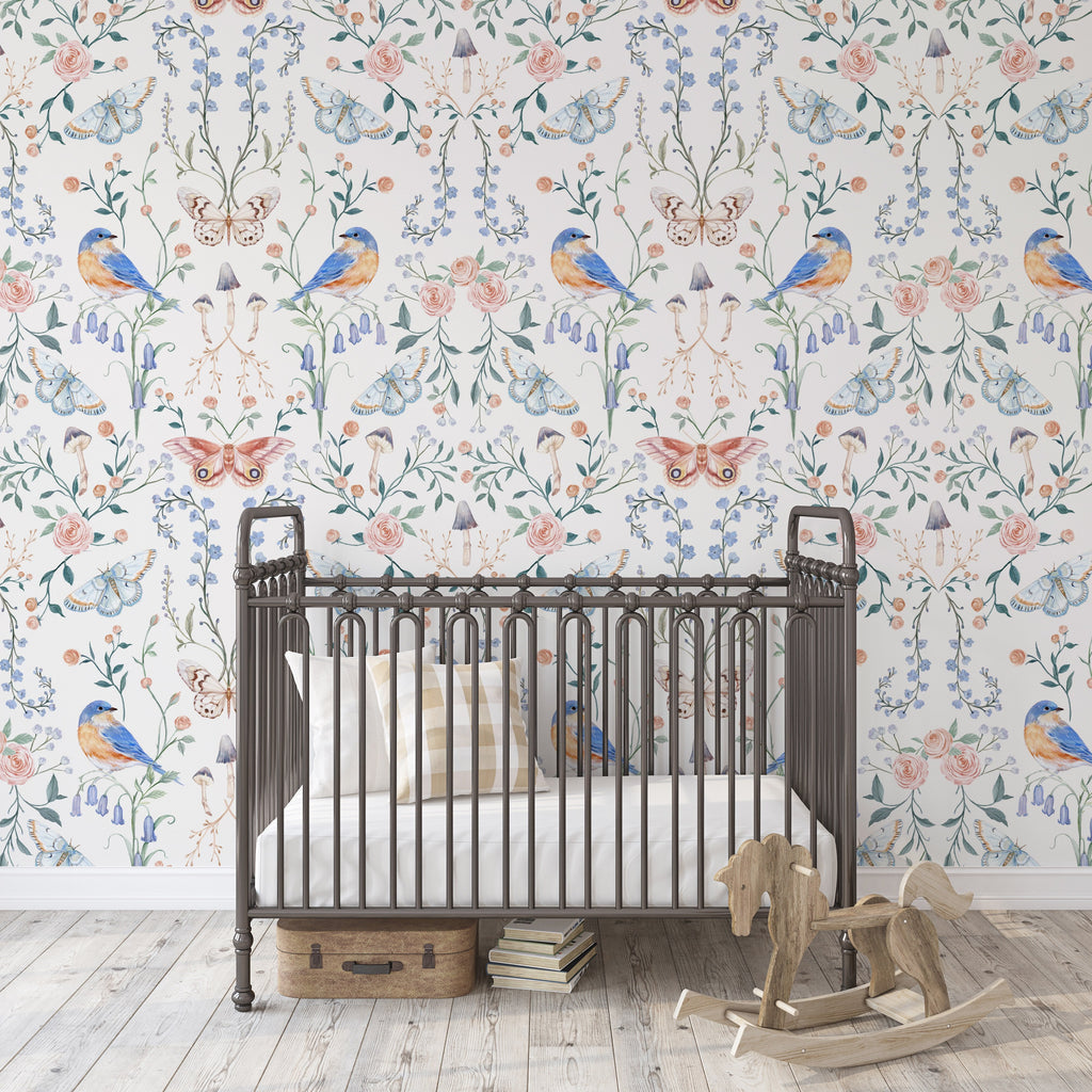 Hollis Botanical Floral Removable Wallpaper in White, Blue & Pink