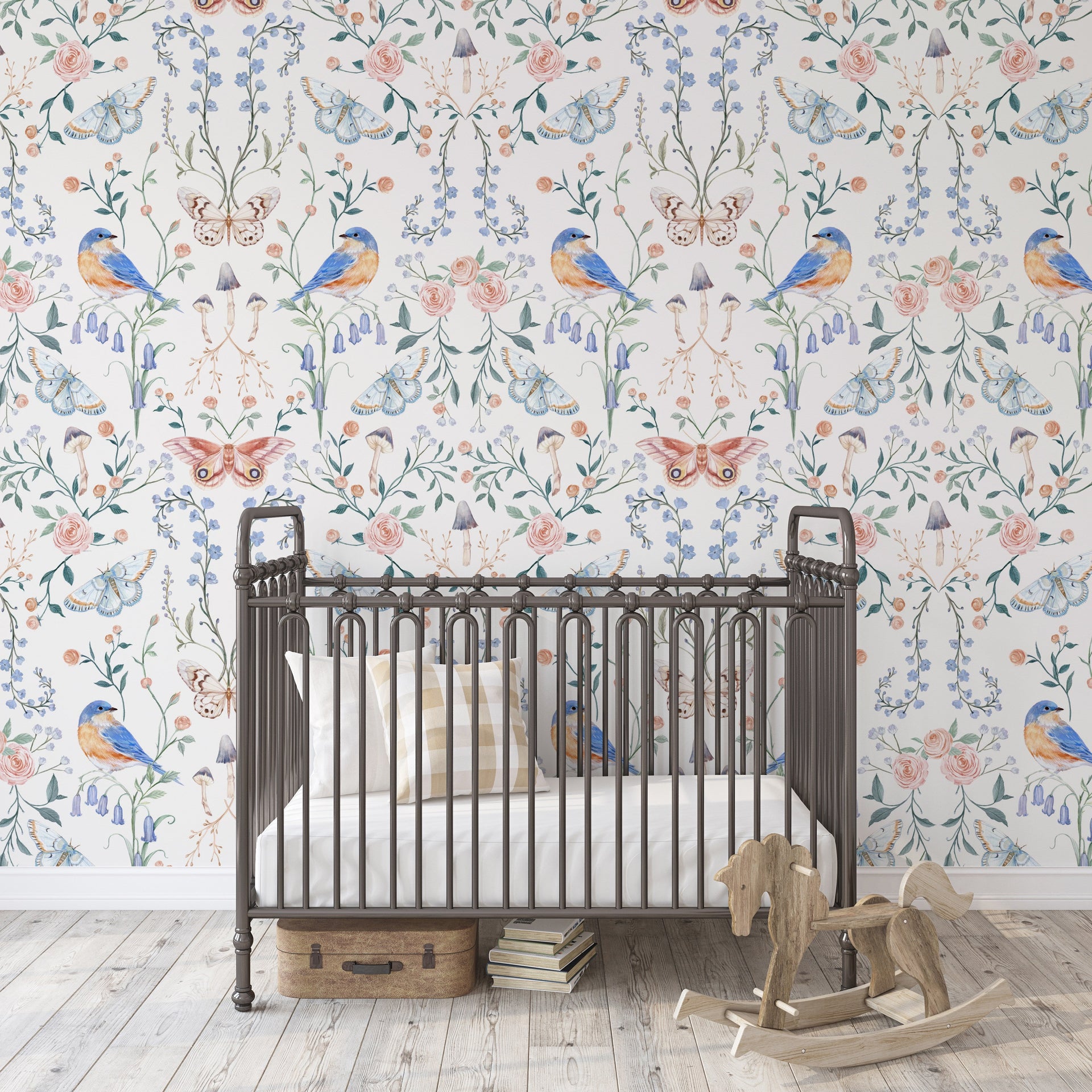 Hollis Botanical Floral Removable Wallpaper in White, Blue & Pink