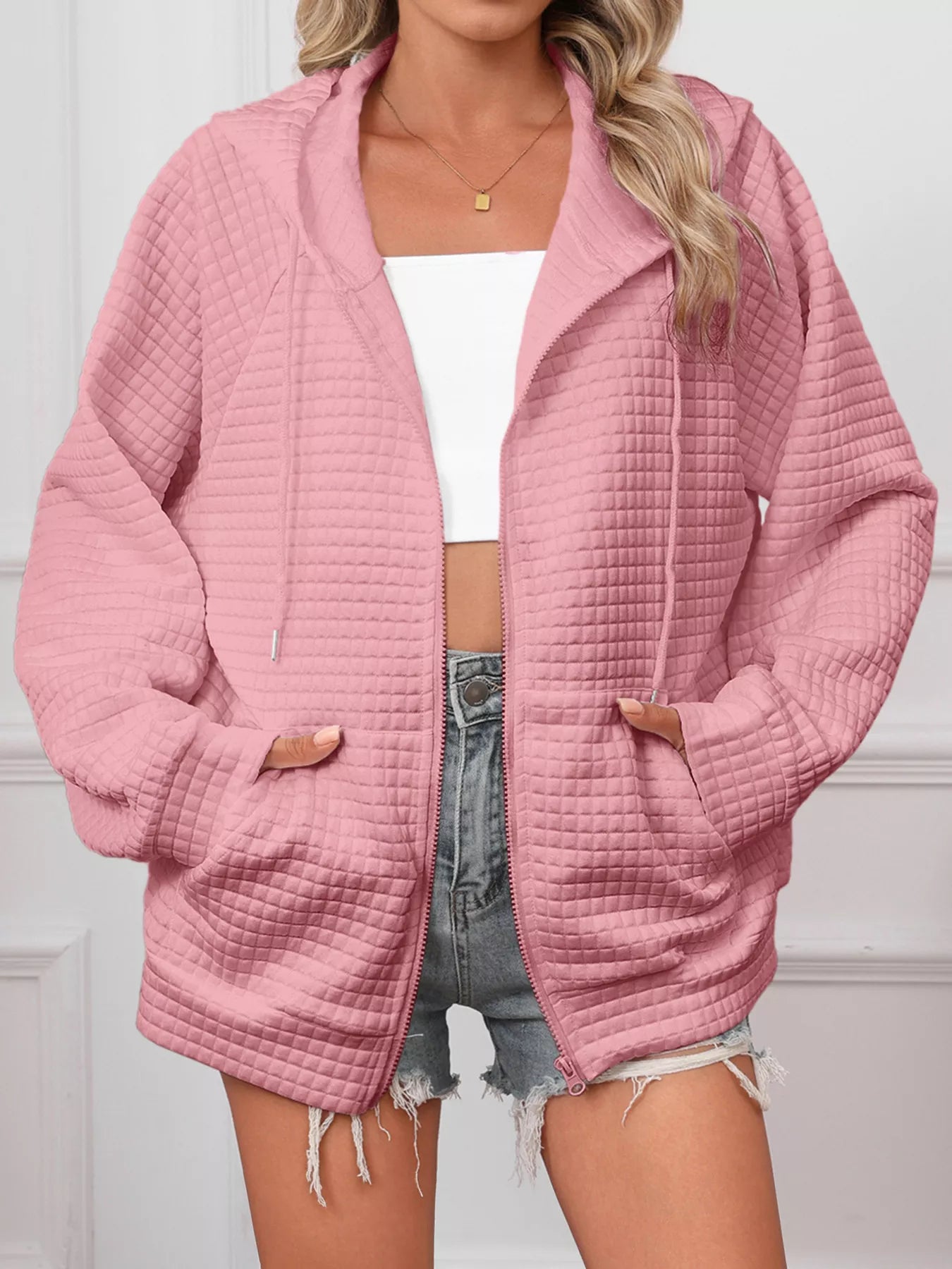 Full Size Textured Quilted Zip-Up Hooded Jacket Plus Size