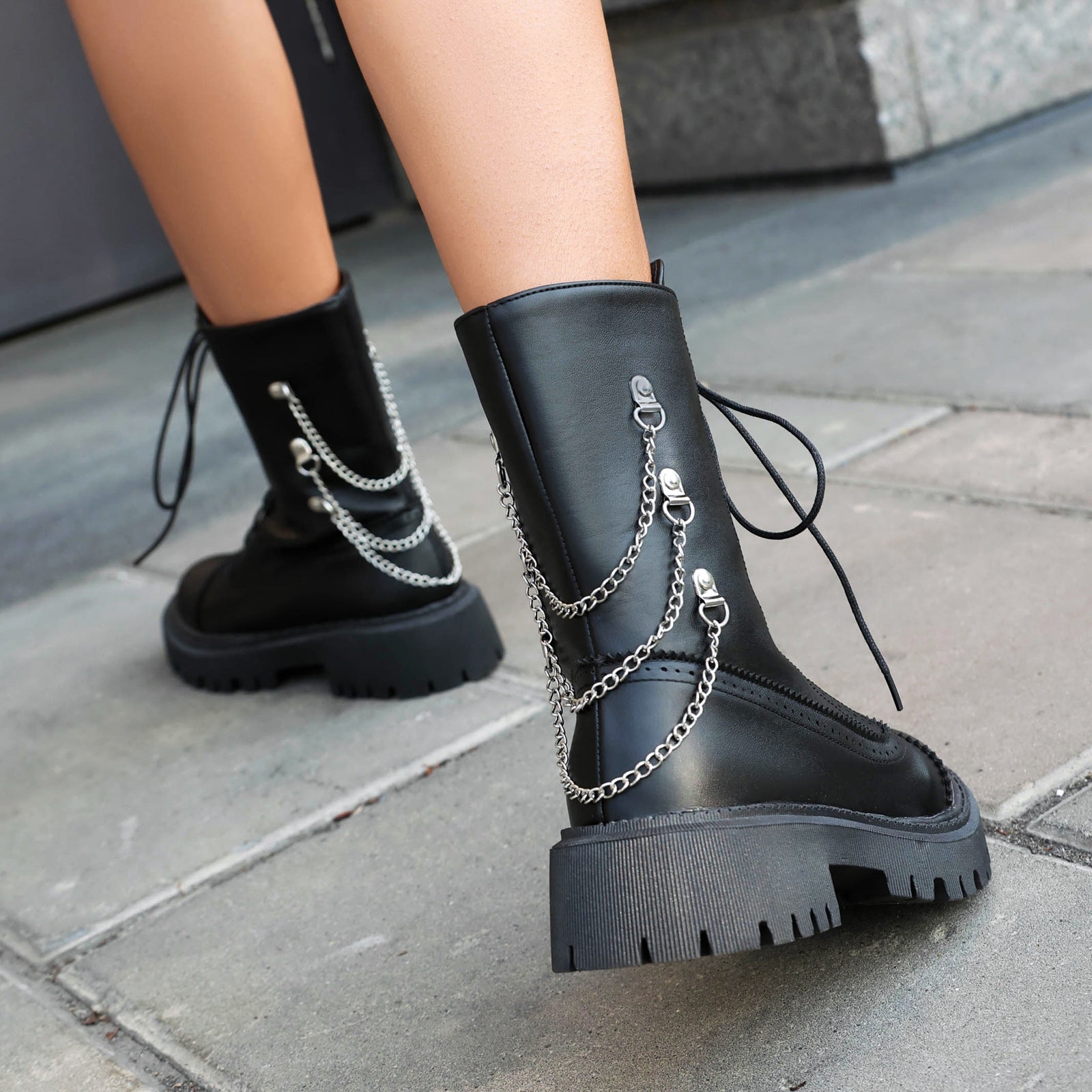 Women's Lace-Up Mid-Calf Chunky Heel Boots with Chain Detail - Image 3