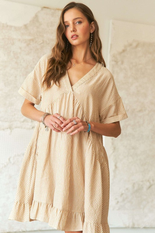 Striped V-Neck Babydoll Dress with Ruffled Hem - Beige & White