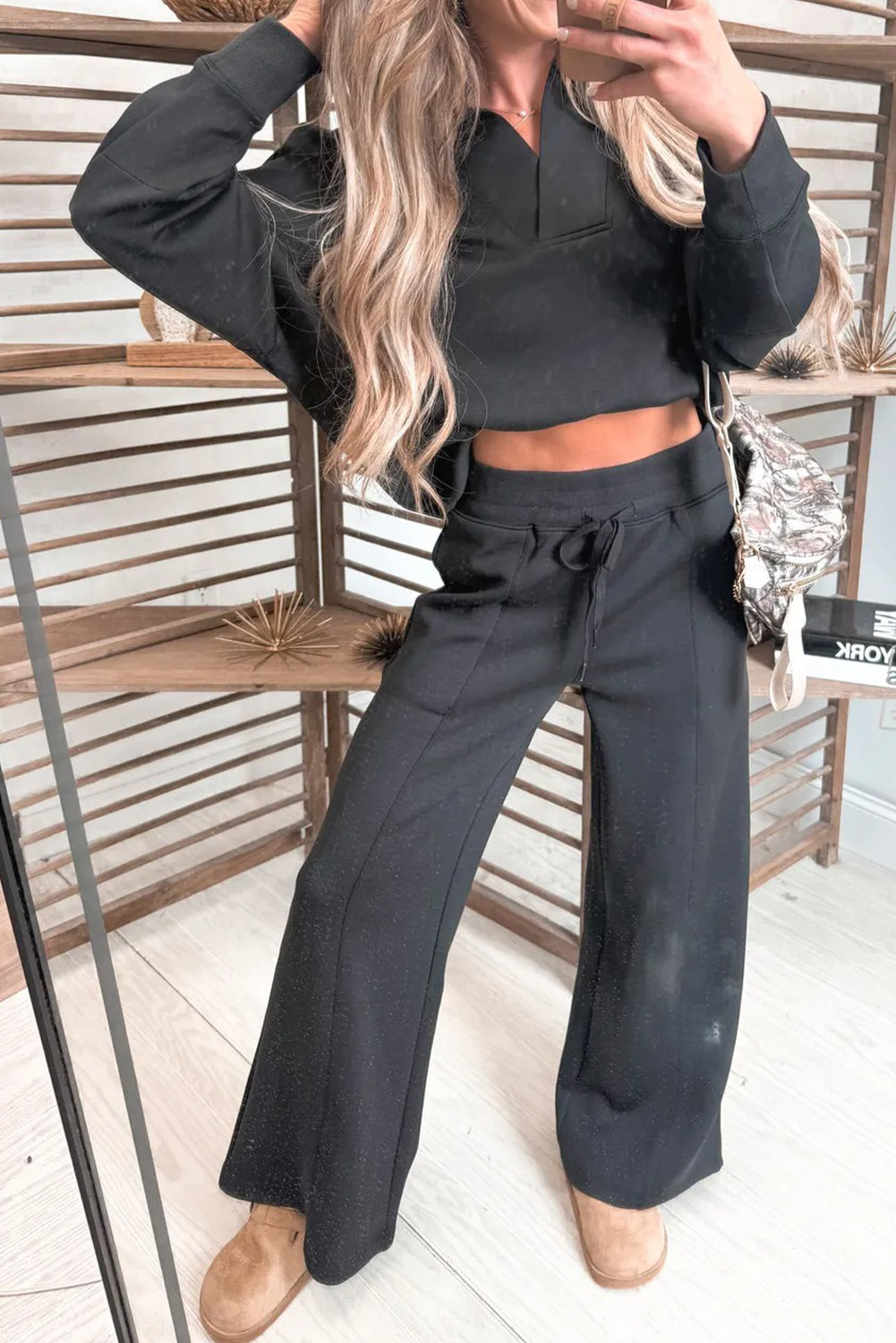 Bristol Black Collared V-Neck Pullover Sweatshirt & Sweatpants Set