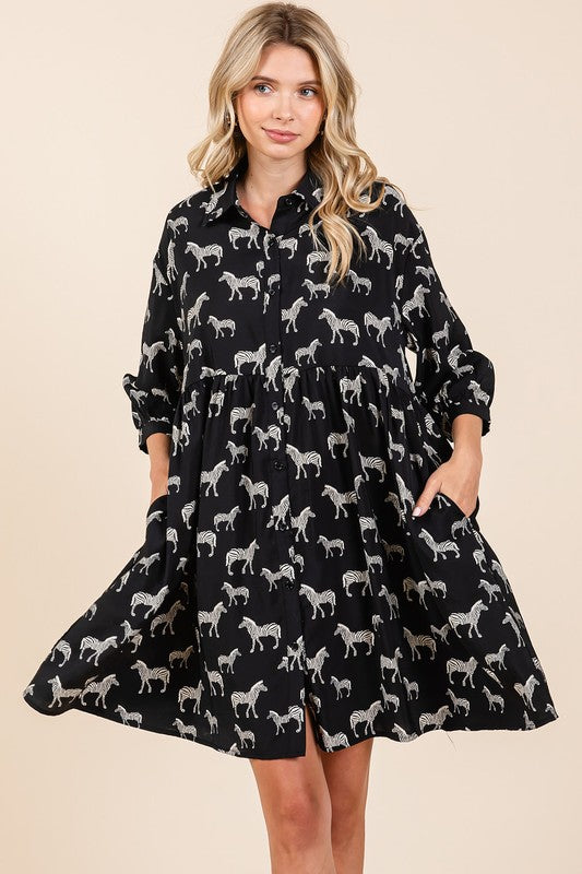 Zebra Print Button Down Shirt Mini Dress