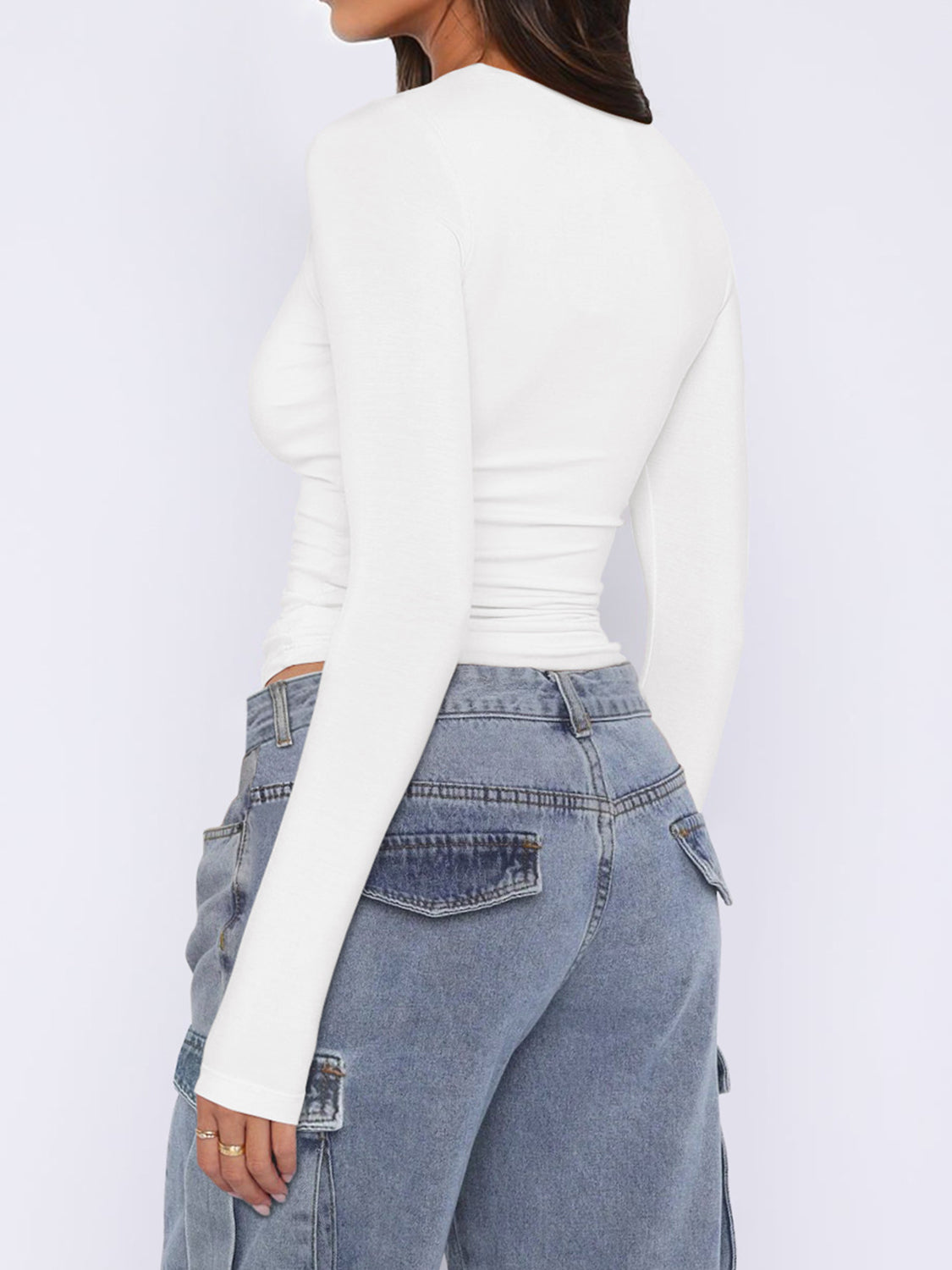 Ruched Asymmetrical Neck Long Sleeve T-Shirt in Slim Fit - Image 3