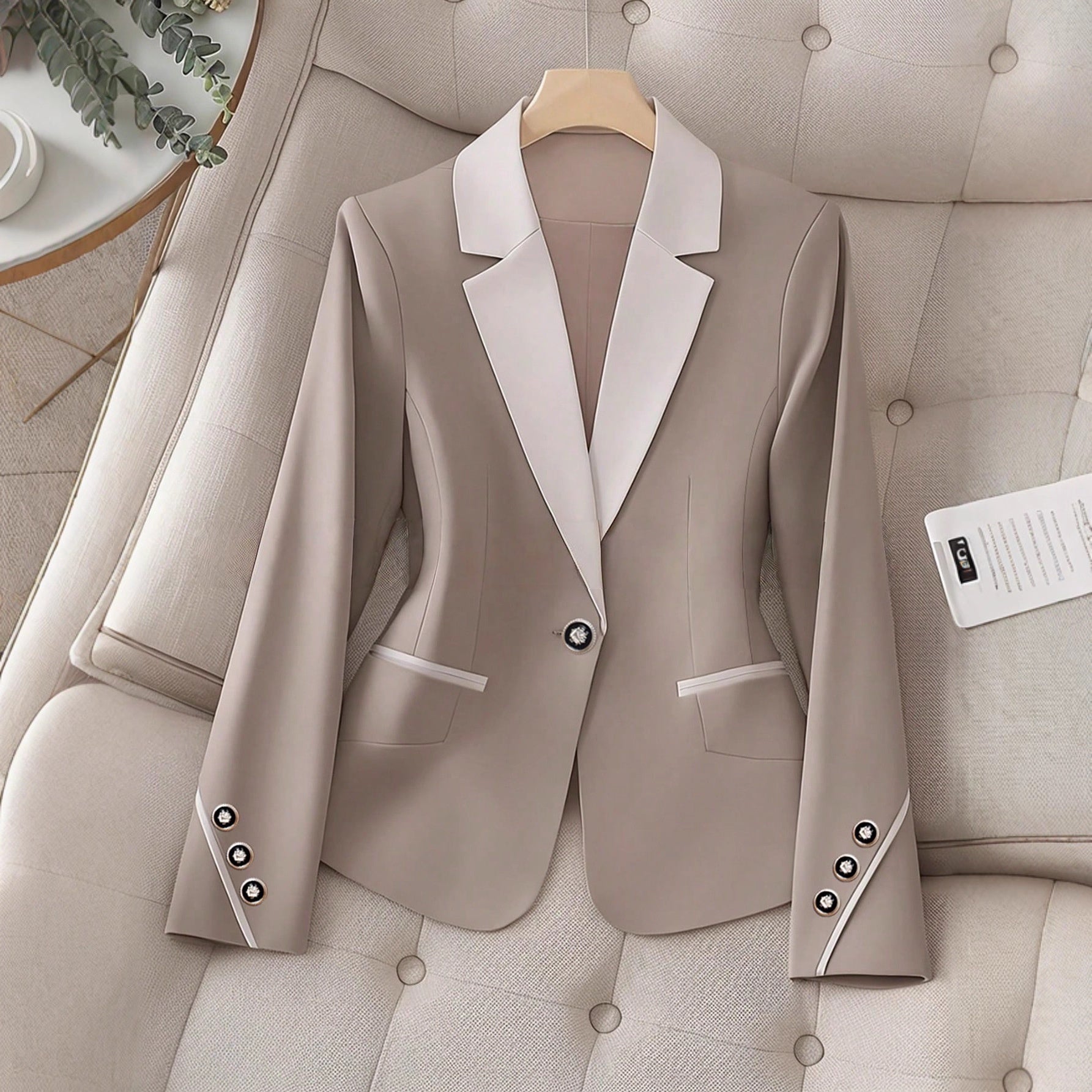 Women’s Contrasting Color Blazer Button Formal Tailored Jacket - Image 6