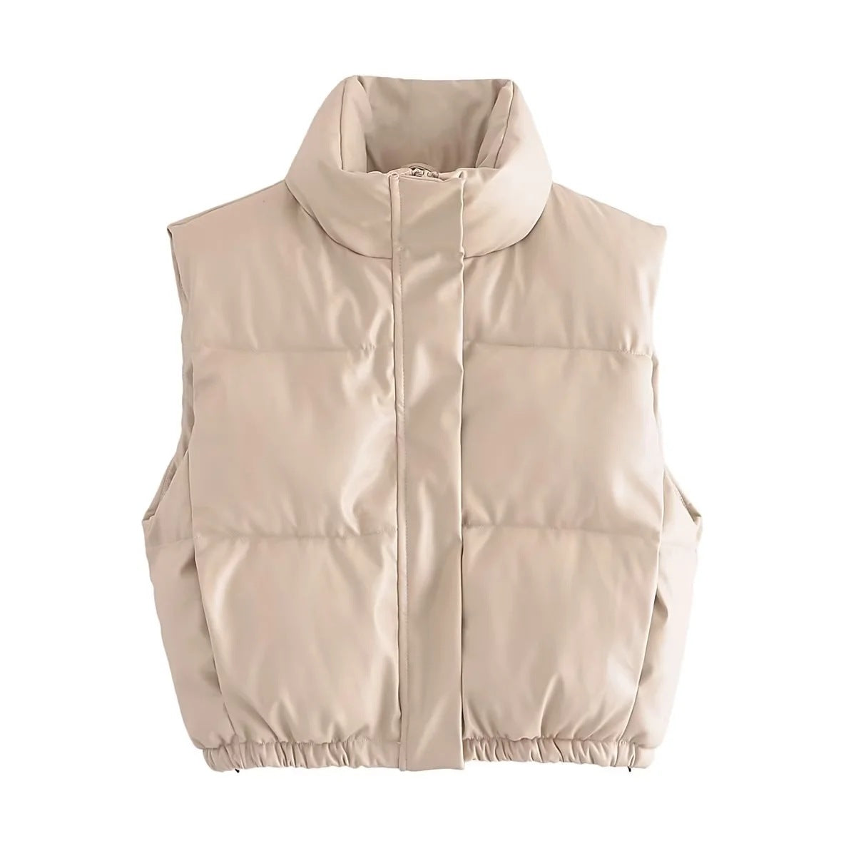 Women's Cropped PU Leather Puffer Vest with Stand-Up Collar - Image 9