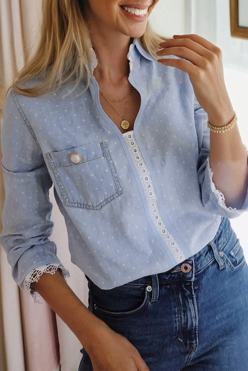 Dotted Denim Lace Trim Collared V-Neck Blouse