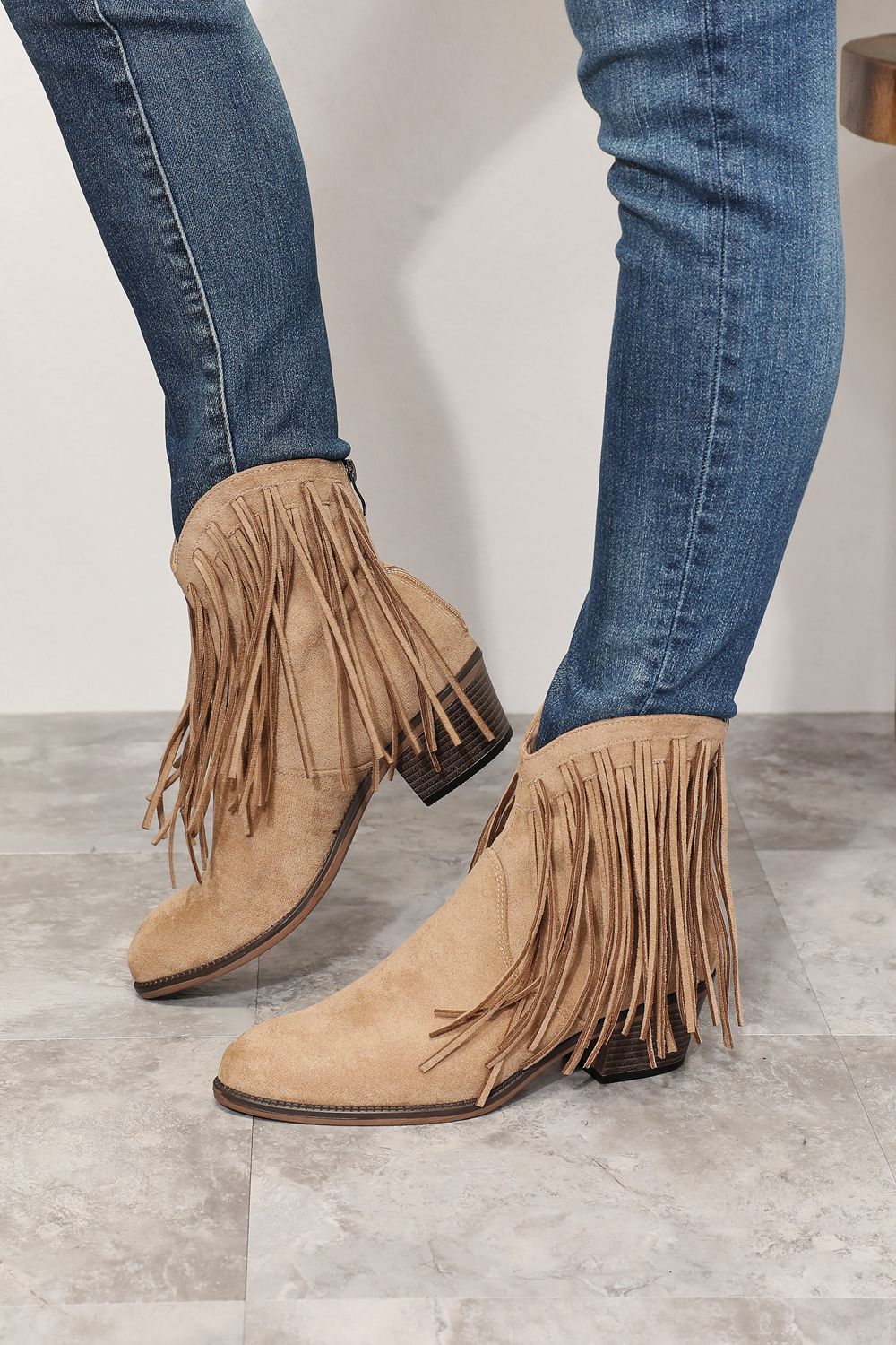 Women's Fringe Western Ankle Boots Faux Suede Pointed Toe Tan
