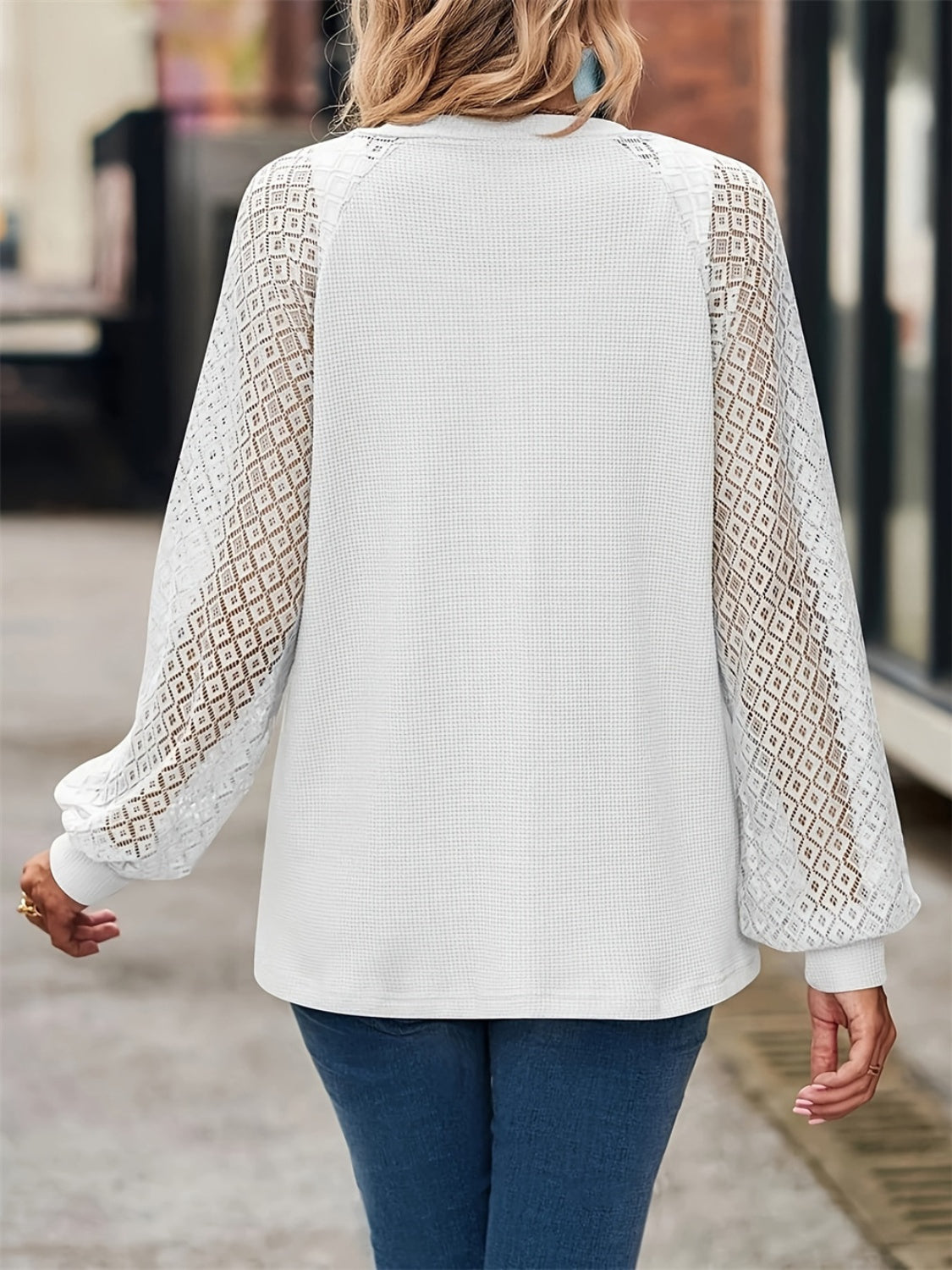 White V-Neck Long Sleeve Cardigan with Lace Detail Sleeves - Image 2