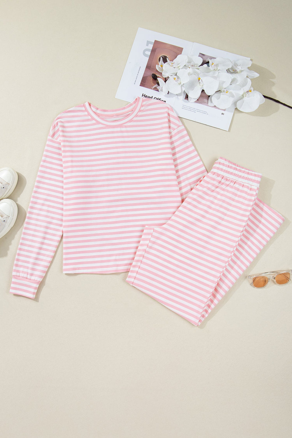 Stripe Drop Shoulder Top & Buttoned Pants Set