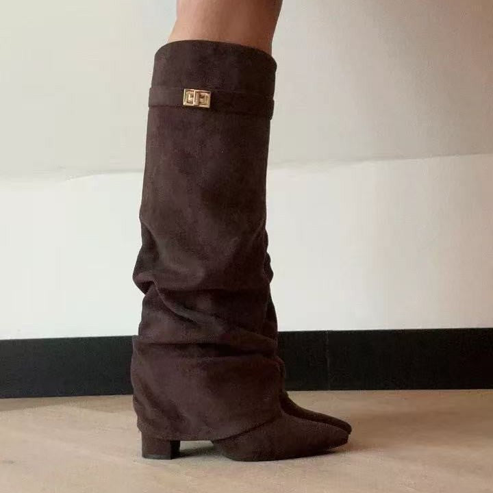 Women's Slouchy Pleated Mid-Calf Boots – Pointed Toe Chunky Heel Faux Suede