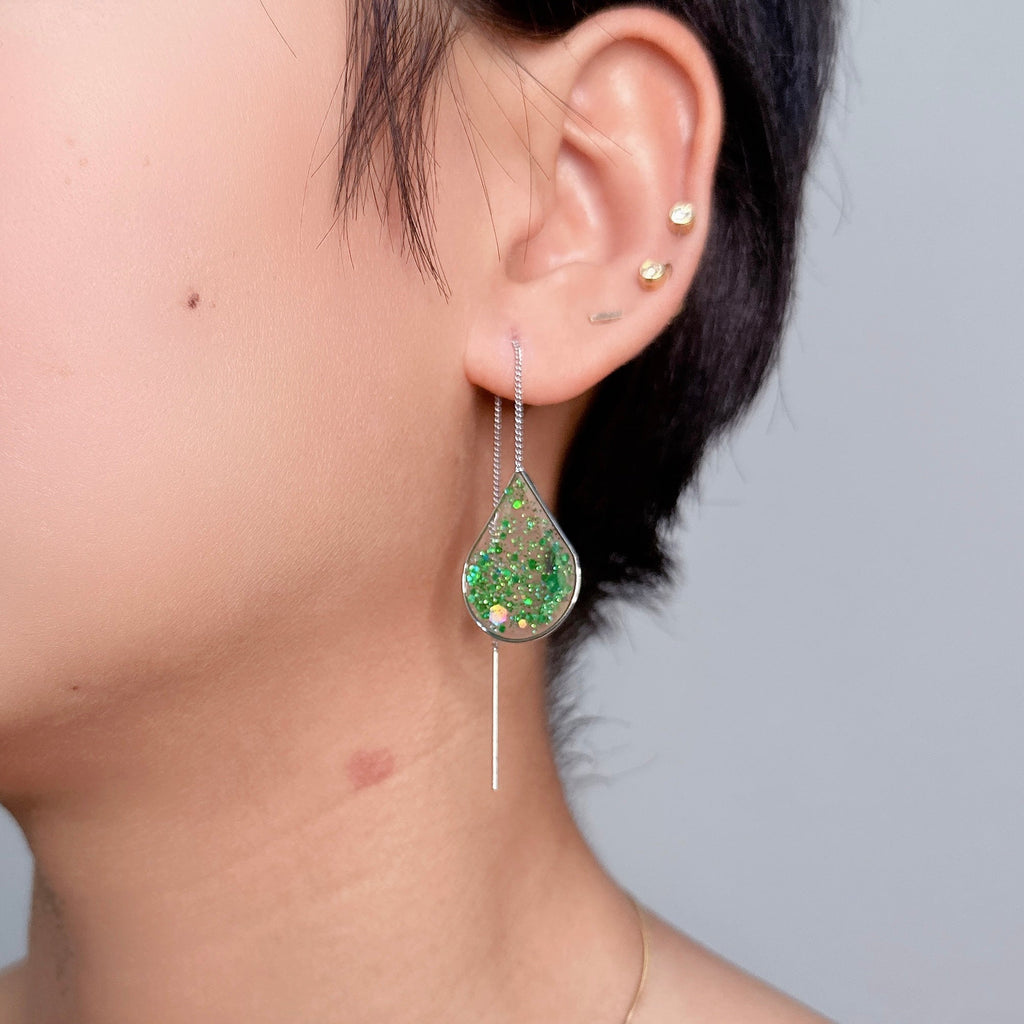 Ngọc Lục Green Glitter Silver Threader Earrings