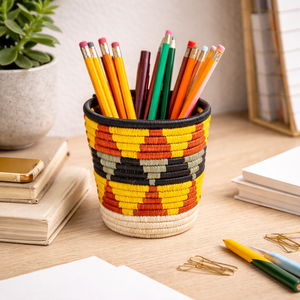 Handwoven Ugandan pencil basket with geometric patterns in yellow, red, black, and cream on a wooden desk.