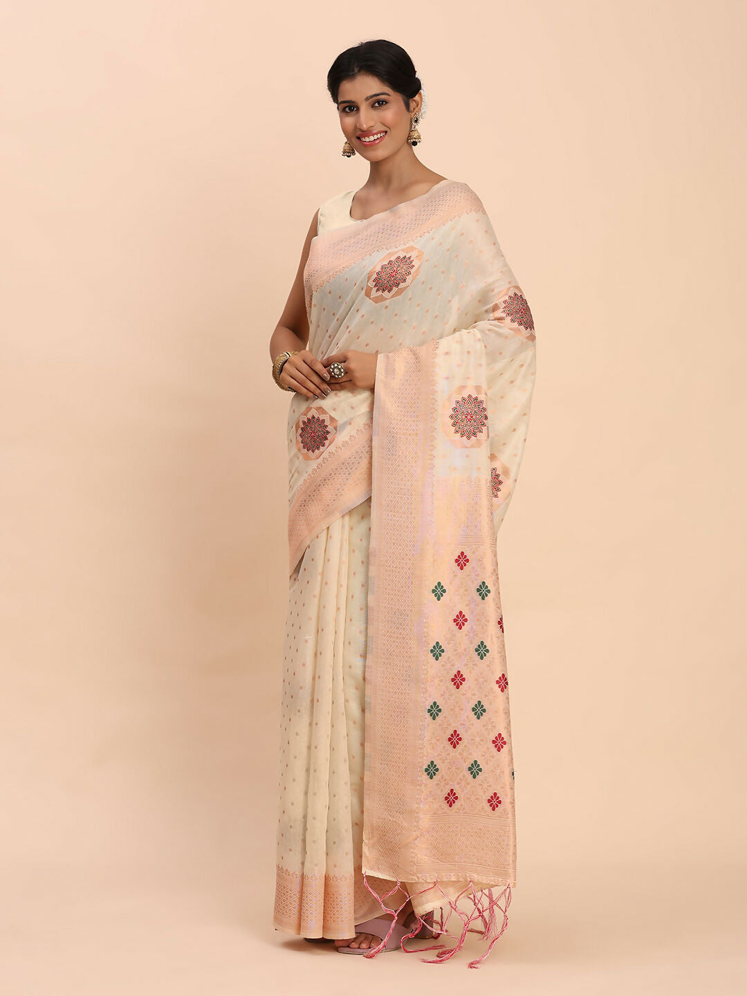 Shree Shyam Fashion Linen Cotton Off White Saree